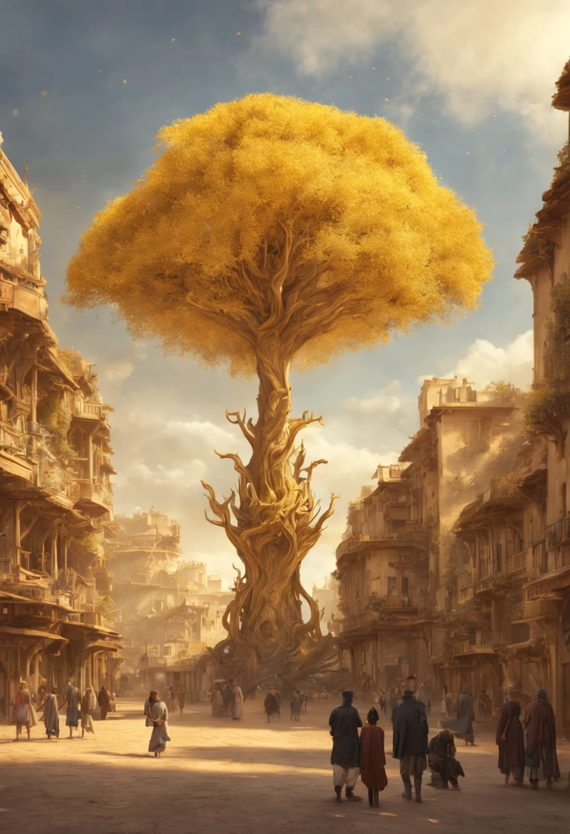 Giant golden tree in the middle of a 1200s-era city in the desert (estilo fantasia)