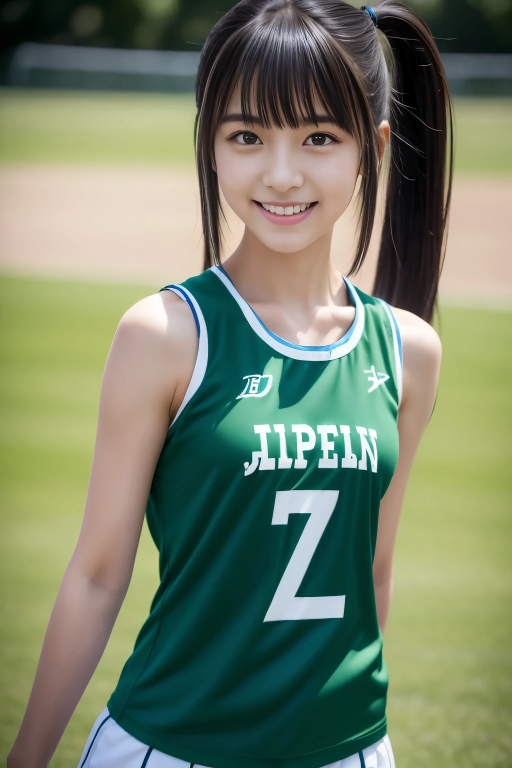 exemplary Japanese beauty、 Japan Person Model, 16-year-old female model, 4K、bangss、A dark-haired、poneyTail、Middle hair、bobhair、Straight hair、(in green、tank top athletics uniform、Short pants:1.2), (Super cute face in idol style:1.2)、sports ground、Beautiful figure、full body Esbian、A smile、Gentle、