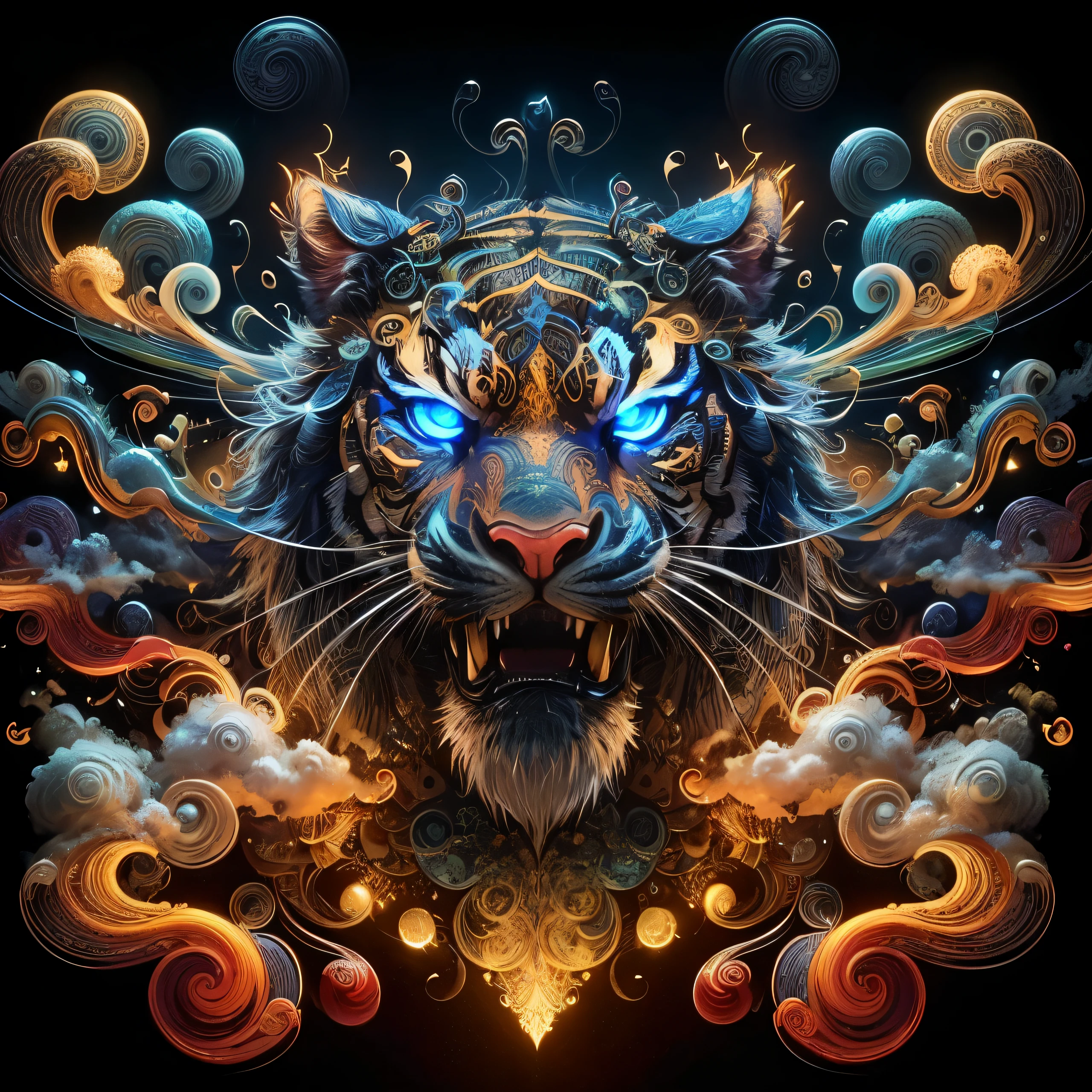 a close up of a tiger with a lot of clouds and stars, elaborate digital art, 4k highly detailed digital art, highly detailed digital art, digital intricate art, intricate digital artwork, intricate colorful masterpiece, intricate digital painting, highly detailed and hypnotic, colorful intricate masterpiece, intricate digital art, stunning digital art, highly detailed digital artwork, intricate detailed digital art