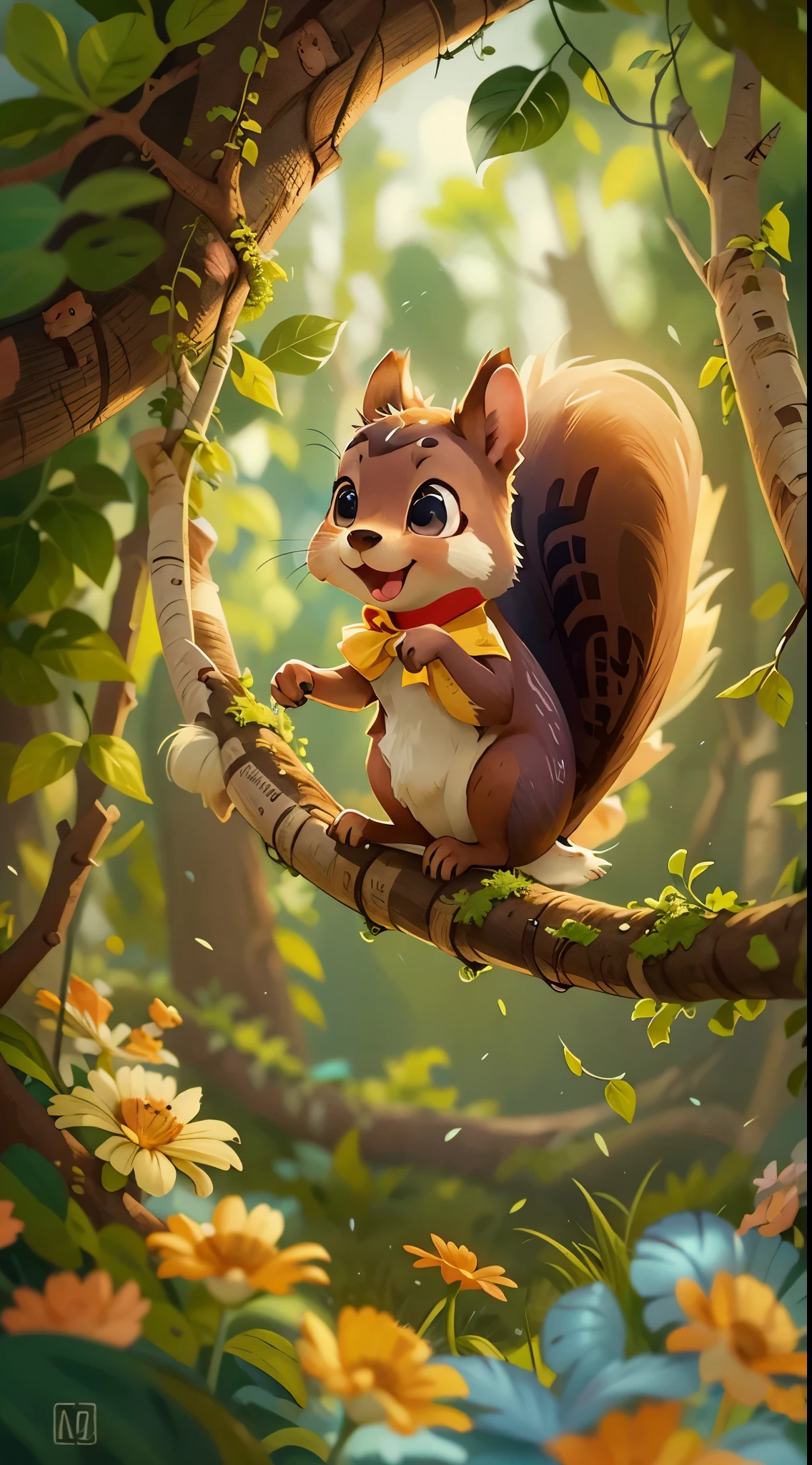 A cute little squirrel,Swing among the trees,close up, Pixar cinematic style, Best quality at best, cinematic Film still from, extremely cute, largeeyes, eyes with brightness, birds and flowers around, flowers outside the cave, with her mouth open, Happy,