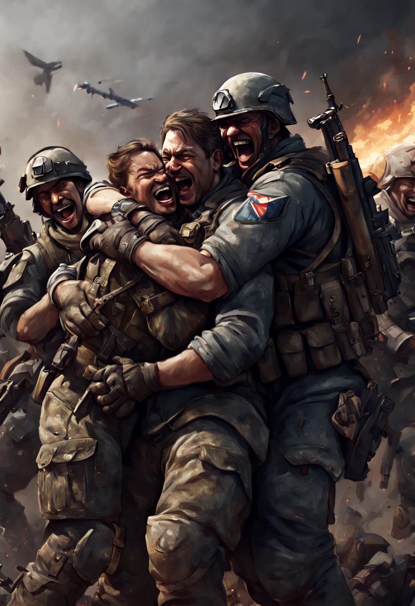illustration of battlefield, Laughing Faces, hug, intricate, (masterpiece, Representative work, official art, Professional, unity 8k wallpaper:1.3)