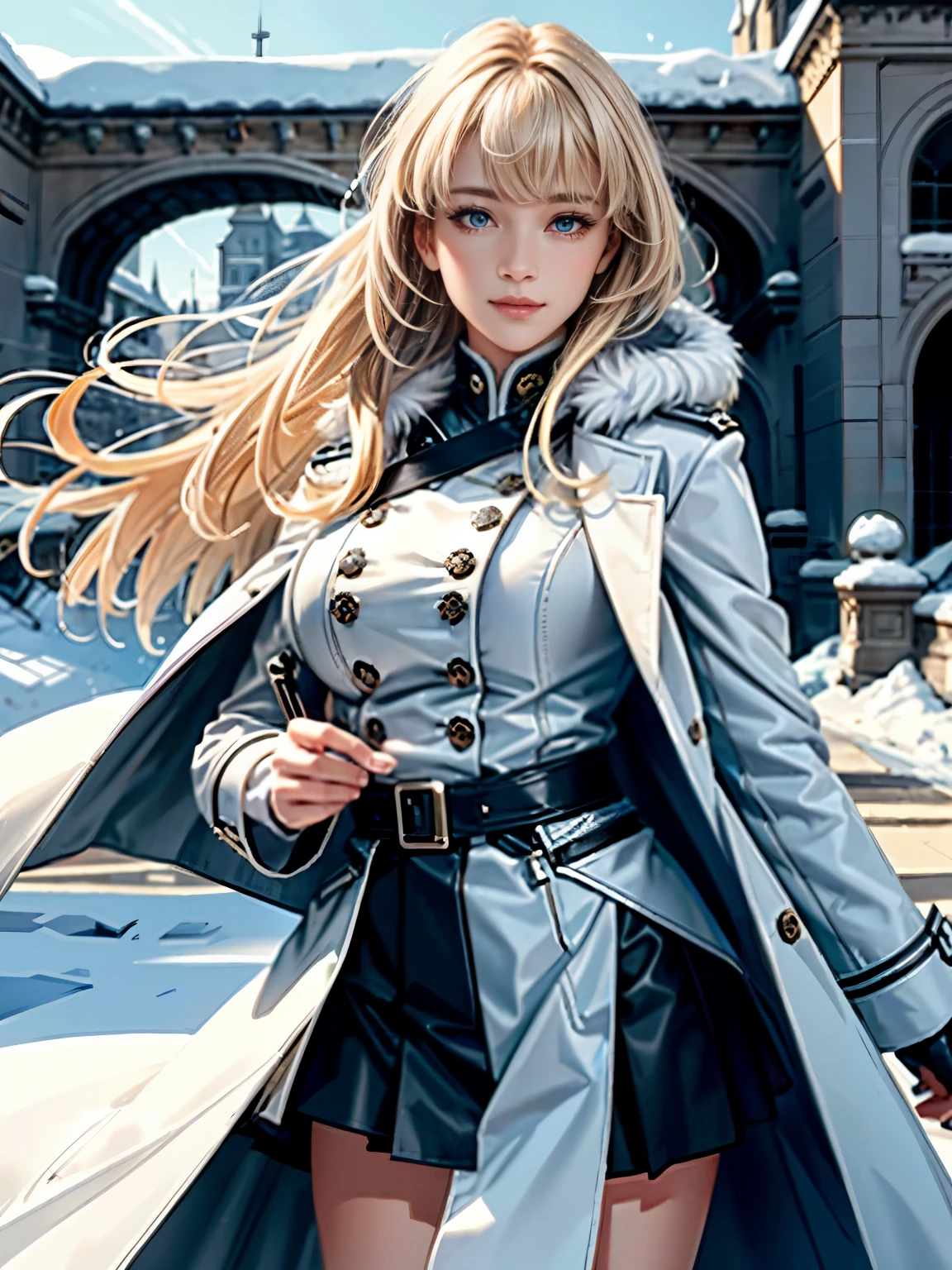 (highest resolution, distinct_image) Best quality, single person, one girl, solo, masterpiece, highly detailed, realistic, long hair, braided white blond hair, (blue military uniform underneath the coat), depth of field, outdoor background, (falling snow), ((big breasts)), authoritative, dignified, calm and powerful expression, ambient lighting, exquisite facial feature, (fur-trimmed white coat), open coat, short skirt, looking at viewer, head to waist, in a terrace of a monumental building, (((front bangs))), dynamic angle, striking a pose, light smile