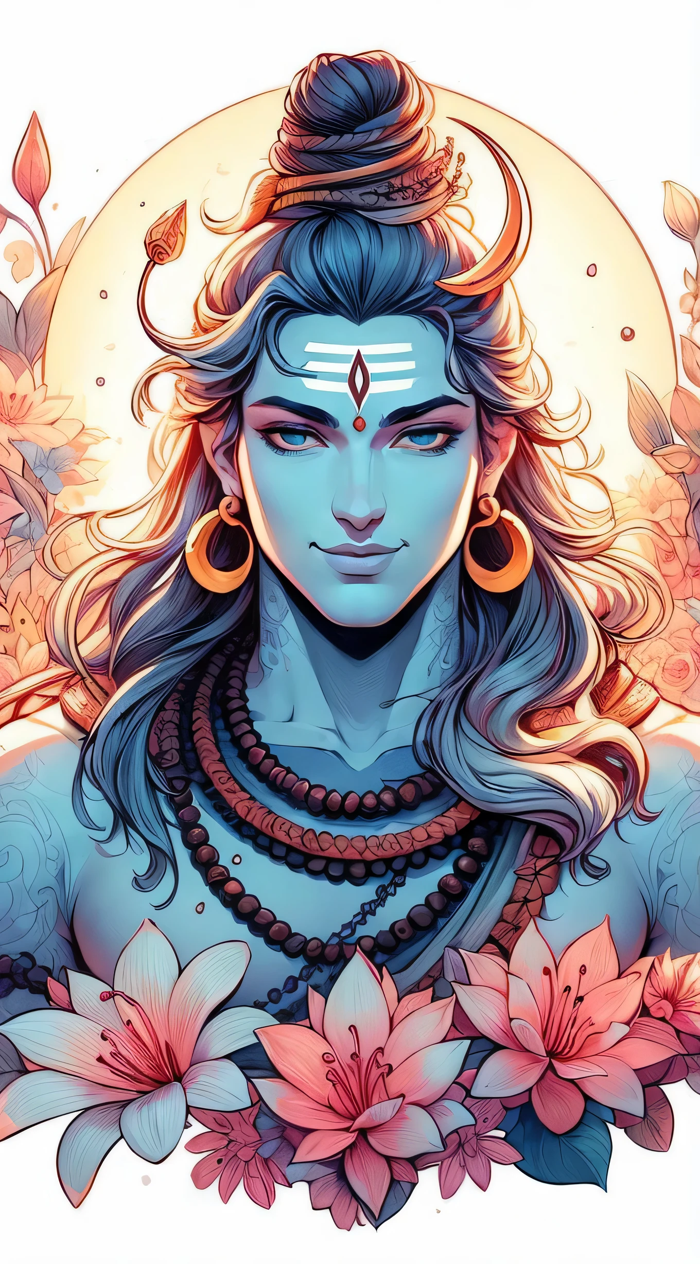 a drawing of a man with long hair and a leopard print, lord shiva, shiva, hindu aesthetic, god shiva the destroyer, inspired by Kailash Chandra Meher, attractive male deity, jen bartel, anime tribal boy with long hair, cyborg hindu godbody, indian god, beautiful avatar pictures, full color illustration, detailed fanart, mobile wallpaper
