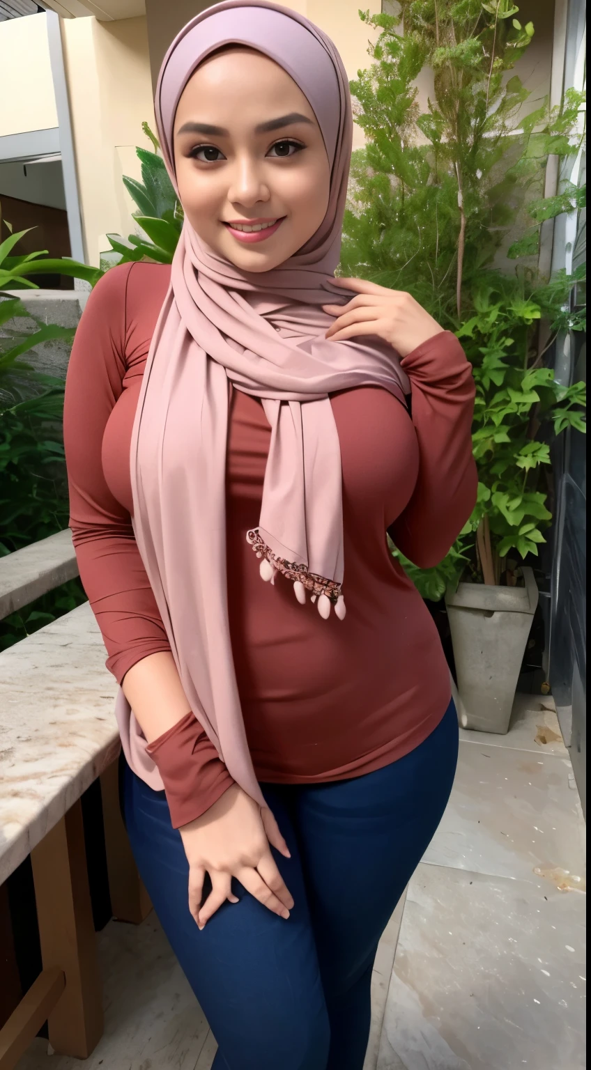 RAW, Best quality, high resolution, masterpiece: 1.3), beautiful Malay woman in hijab,Masterpiece, perfect fit body, ((Huge breast)), biggorgeous eyes, Soft smile,muslim woman in a plain long sleeve shirt and hijab posing for a picture, hijab, with lovely look, with beautiful colors, with accurate face, pose 4 of 1 6, traditional beauty, batik, wearing beautiful clothes, beutifull, with beautiful exotic, attractive pose, cute pose, scarf, wearing plain chiton, very attractive , she is smiling,Delicate turtleneck, necklace, shairband, afternoon walk, City garden, Excellent lighting, Bright colors, Clean lines
