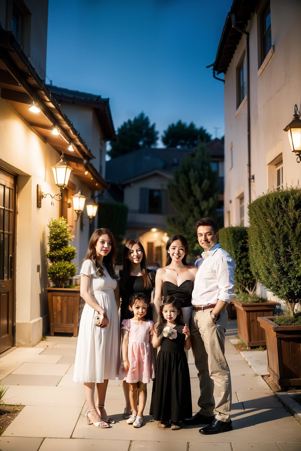 European style night courtyard family picture