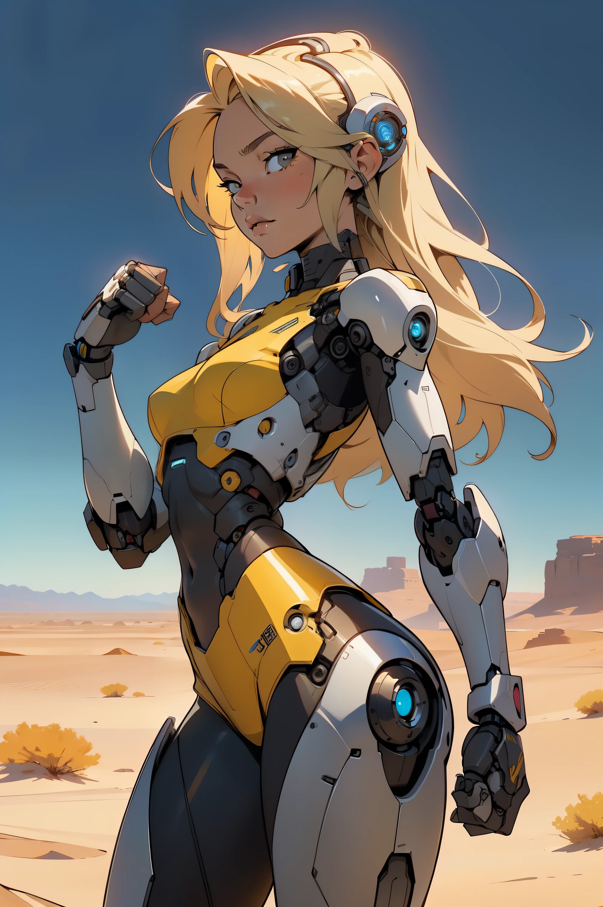 high quality, 4k, masterpiece, beautiful, cyborg girl, cowboy shot, dull eyes, back side, turning around to look at viewer, long blonde hair, girl, small breasts, fit thigh, robotic arms, robotic body, cyborg body, yellow accent, redaccent, intricate detail, joint, detailed lines, robotic detail, holding fist up, holding hand up as fist, color robotic parts, robotic parts with color, perfect fingers, on a desert planet, sunny background, colorful desert,