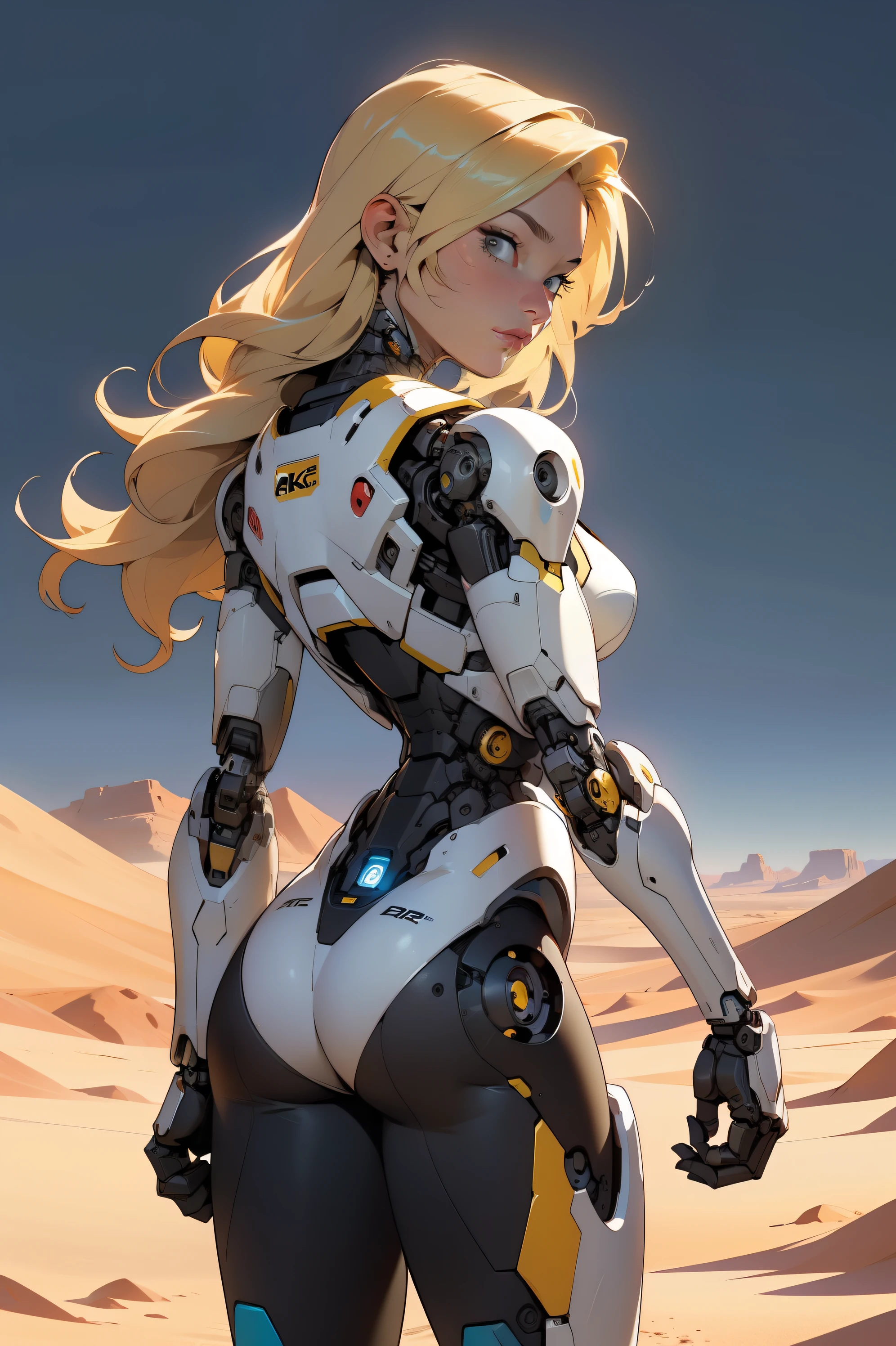 high quality, 4k, masterpiece, beautiful, cyborg girl, cowboy shot, dull eyes, back side, turning around to look at viewer, long blonde hair, girl, small breasts, fit thigh, robotic arms, robotic body, cyborg body, yellow accent, redaccent, intricate detail, joint, detailed lines, robotic detail, holding fist up, holding hand up as fist, color robotic parts, robotic parts with color, perfect fingers, on a desert planet, sunny background, colorful desert,