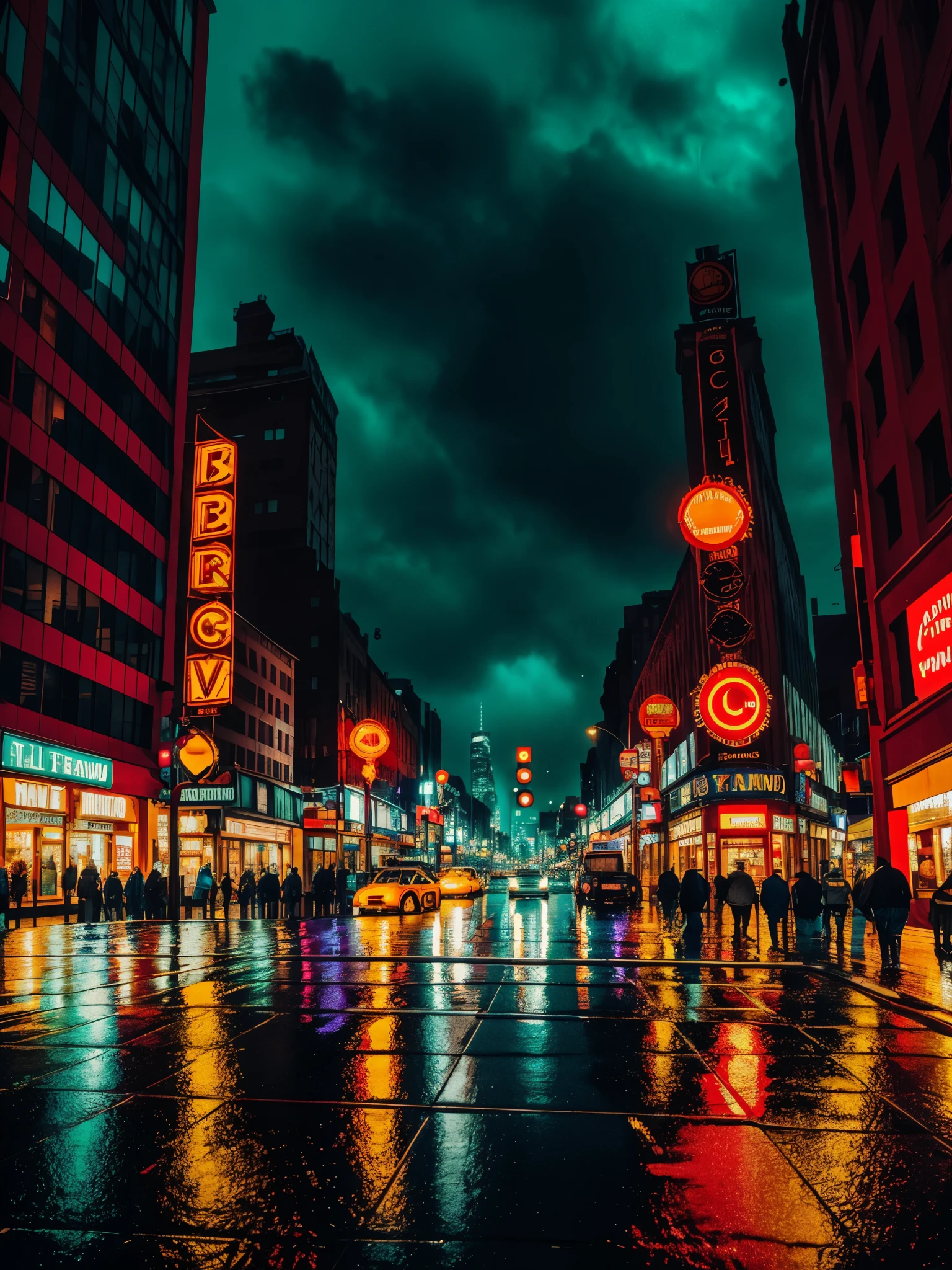 (new version)geometric style, moody atmosphere, vibrant colors, rainy reflections, bustling city, wet streets, blurred lights, urban chaos, iconic location, vintage vibe, rainy night, downtown scene, taxi cabs passing by, skyscrapers in the background, illuminated billboards, city that never sleeps, dynamic energy, puddles on the ground, intense city life, neon signs, urban nightlife, cinematic feel, metropolitan charm, rainy urban landscape, fast-paced lifestyle.