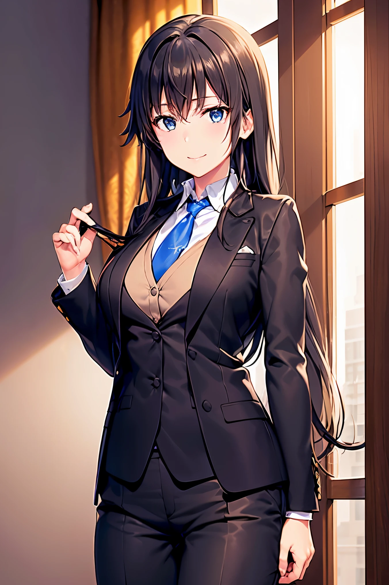 Yukinoshita yukino ,woman in formal attractive tailcoat standing in a large alcove in the room , 1girl, solo, blue necktie, black hair, blue eyes, long hair, smile , collared shirt, white pants, white shirt , tailored tailcoat elegant , standing in front of a window ,tailcoat tailored to perfection crafted from the lustrous fabric , A women's black wool tailcoat