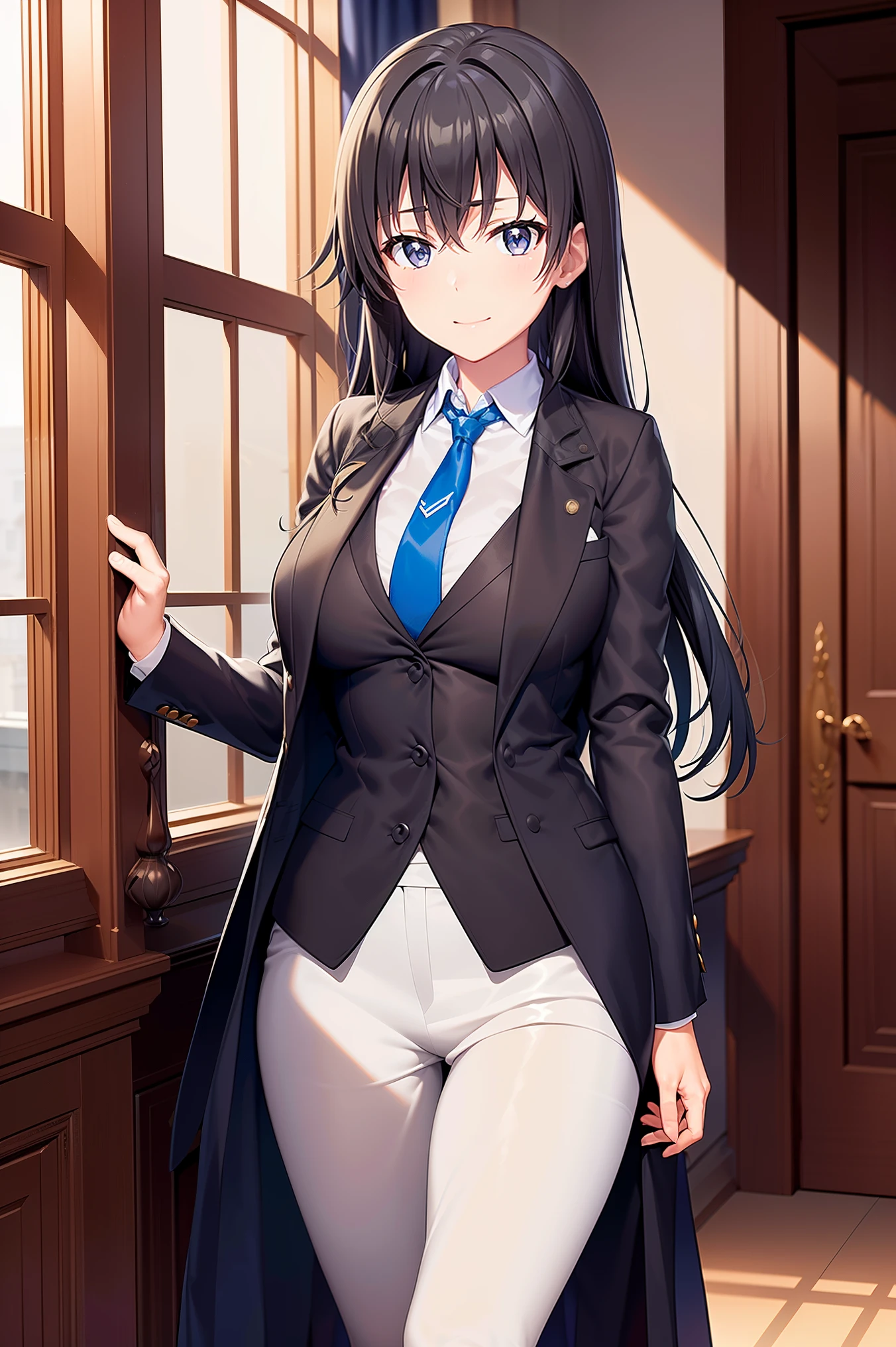 Yukinoshita yukino ,woman in formal attractive tailcoat standing in a large alcove in the room , 1girl, solo, blue necktie, black hair, blue eyes, long hair, smile , collared shirt, white pants, white shirt , tailored tailcoat elegant , standing in front of a window ,tailcoat tailored to perfection. Featuring striking Victorian theme and crafted from the lustrous fabric