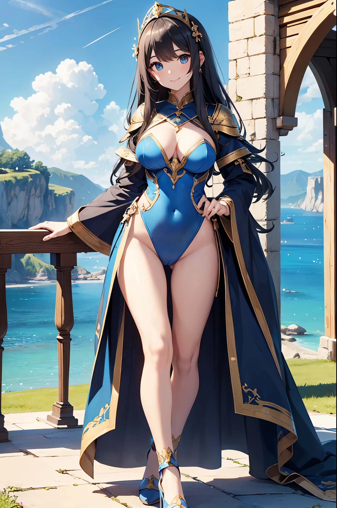 ((4k、8k、top-quality: 1.3、perfect fingers: 1.3、perfect anatomia: 1.3、Background blur))、(Transformation Sequence)、((************、a beauty girl、cute big droopy eyes、(Straight long hair) ：1.2）、blue and white armor leotard：1.3、Beautiful decoration、tiarra、A slender、baby-face、knight））、a smile、Fractal art、Full body display、medieval world、blue-sky、Summer steppe、