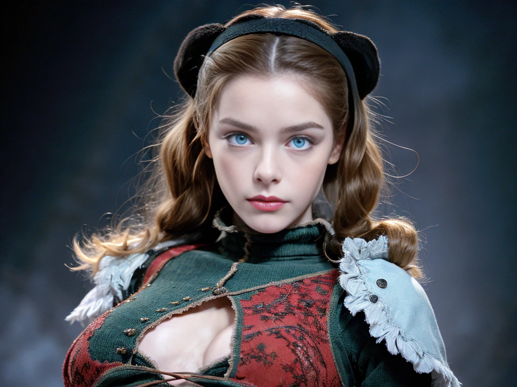 Pretty woman, similar to Amoranth,cute,huge natural breasts, red hair curly/flowing, detailed dark BLUE eyes and face, not to skinny, naughty smile, make it ultra-realistic, western european girl, in the snow in the mountains, clothing colour needs to be anything but green, extremely detailed blue eyes, extremely long wavy red hair, extremely long hair with 2 ponytails, extremely detailed blue eyes, wearing a wrath, detailed photo - 8K, Extremely high quality, winter fur cap