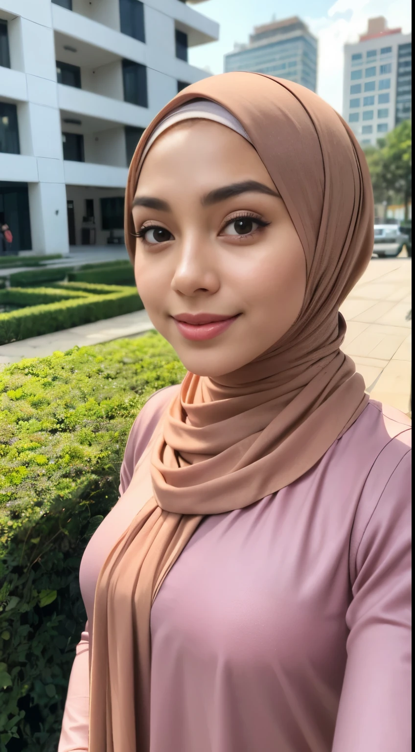 RAW, Best quality, high resolution, masterpiece: 1.3), beautiful Malay woman in hijab,Masterpiece, perfect fit body, ((Huge breast)), errcted nipple, biggorgeous eyes, Soft smile,muslim woman in a plain long sleeve shirt and hijab posing for a picture, hijab, with lovely look, with beautiful colors, with accurate face, pose 4 of 1 6, traditional beauty, batik, wearing beautiful clothes, beutifull, with beautiful exotic, attractive pose, cute pose, scarf, wearing plain chiton, very attractive , she is smiling,Delicate turtleneck, necklace, shairband, afternoon walk, City garden, Excellent lighting, Bright colors, Clean lines