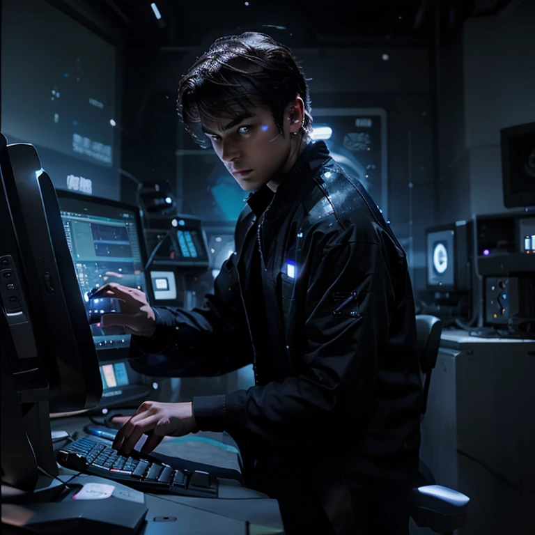 a handsome young man,Controlling computers like the master of the universe,and computers displaying all kinds of software in the universe,There are cosmic stars in the background,Tech Style。