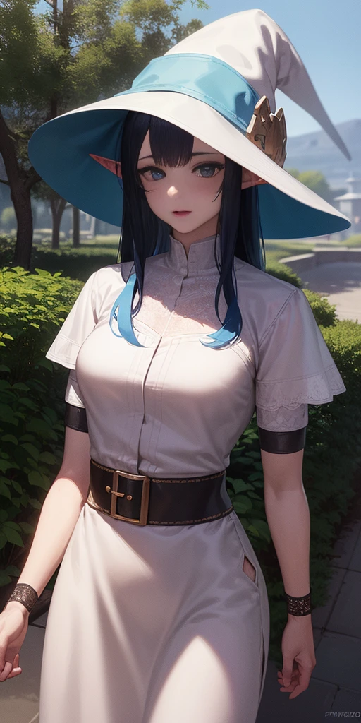 1girl, blue hair, blue eyes, elf ears, wizard hat, white dress, cowboy shot, outdoors, landscape, quality, masterprice, (solo:1.1), raytracing, ultra detailed,detailed face, 8k wallpaper, quality, masterprice, 1girl, (solo:1.1), raytracing, ultra detailed,detailed face, 8k wallpaper,
