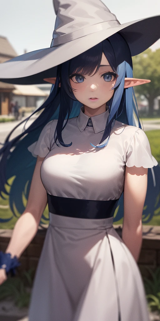 1girl, blue hair, blue eyes, elf ears, wizard hat, white dress, cowboy shot, outdoors, landscape, quality, masterprice, (solo:1.1), raytracing, ultra detailed,detailed face, 8k wallpaper, quality, masterprice, 1girl, (solo:1.1), raytracing, ultra detailed,detailed face, 8k wallpaper,