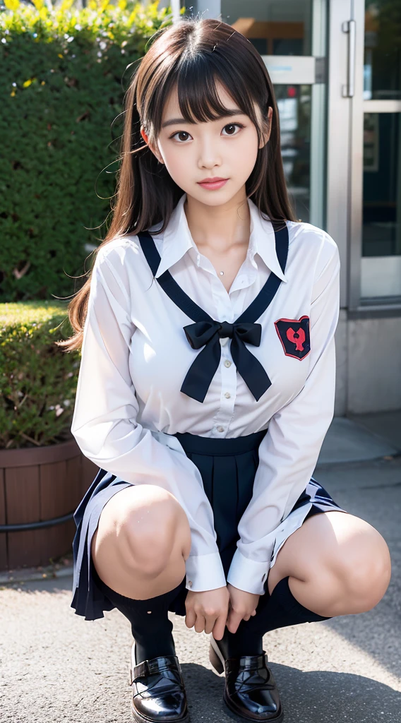 took a full body photo of a Japanese girl wearing a school uniform, Girl sitting and squatting with her legs spread, she was squatting on the sidewalk giving a sexy pose with a lewd face, she must have thic and sexy areolas, and black hair, her chest must be big. Please make her look like a typical Japanese school girl in a white blouse, Red bow, Black shoes, knee socks and a very short pleated skirt. captures the natural lighting of the scene with a bright, sunny ambiance. Make sure your photos look authentic、Capture the energy and charm of Japan ren in a busy environment