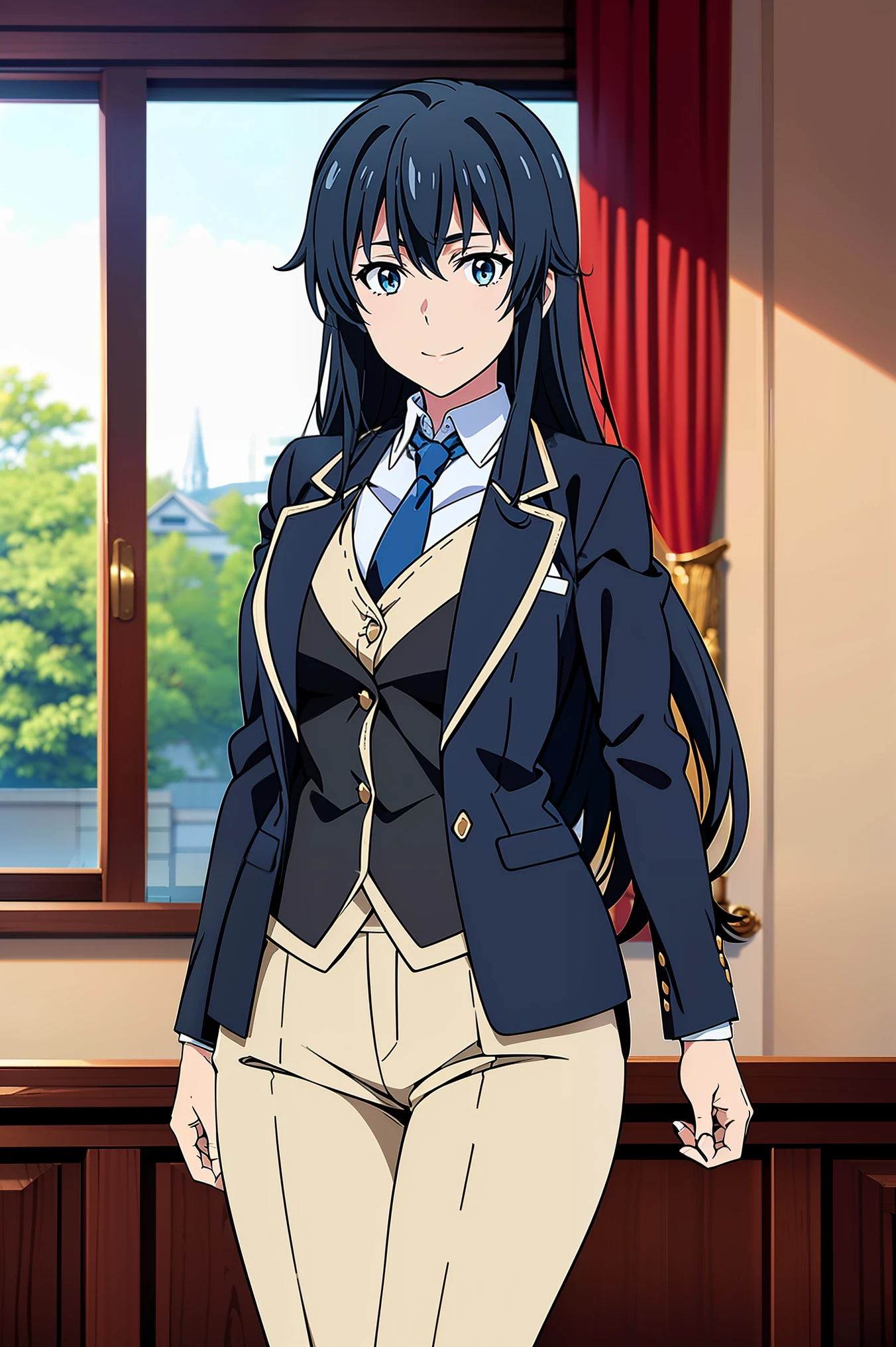 Yukinoshita yukino ,woman in formal attractive tailcoat standing in a large alcove in the room , 1girl, solo, blue necktie, black hair, blue eyes, long hair, smile , collared shirt, white pants, white shirt , tailored tailcoat elegant , standing in front of a window ,tailcoat tailored to perfection. Featuring striking Victorian theme and crafted from the lustrous fabric