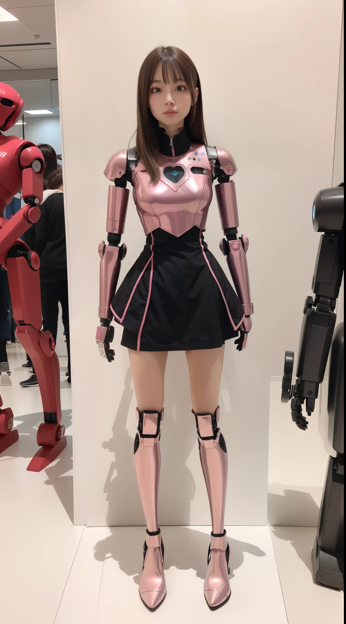 Robot Girl, pink there, Silver, Metallic body, Robot Parts, Metal Parts, Super Detailed Face, Super well-formed face, of the highest quality, a small face, small head, Brown hair, Slender body, Camera gaze, Internal Mechanical Exposure, Idol, front facing, Well-proportioned body, sale, Exhibited, Event Hall, Moe Pose, pink metallic Lolita dress machine armor, Standing with legs open, Model body type, sad, Embarrassing,(Perfect Robot Girl),(Perfect machine body)