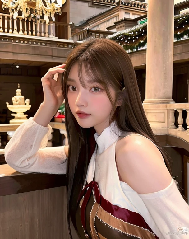 Visualiza a una encantadora chica coreana, reminiscente de Sana Minatozaki, con un distintivo cabello rosa que le confiere un aire festivo. Sus ojos, of a warm hazelnut tone, reflect Christmas joy. Viste un elegante vestido blanco, en secion de fotos