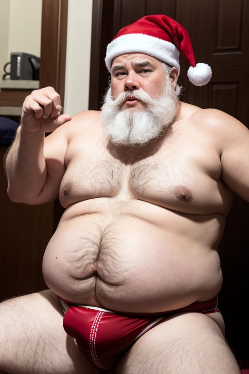 Arte realista detalhada de um santa Claus
 masculino gordo, belly large morbid plump elderly, , Obese Extremely thick thighs wearing only red swimming trunks red cap with hands Gesturing with hands holding testicle with hand,
Deitado na cama de coxas abertas e pernas dobradas , foco da imagem a virilha, he is feeling yours. Groin with your hand. He is perverted hot sensual Obcene.