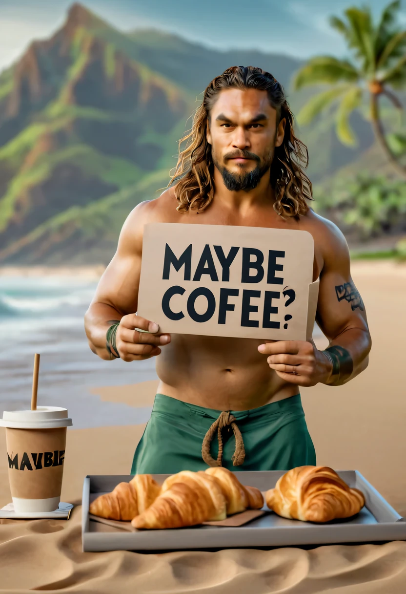 Artistic photography of Jason Momoa on a Hawaiian beach., holding a sign with the inscription "MAYBE COFFEE?", tray with coffee and croissant on the table next to him, Maximum realism, high detail, Ultra-detailed, Realistic, photoRealistic:1.37, studio lightning, Raw photos, full - body.