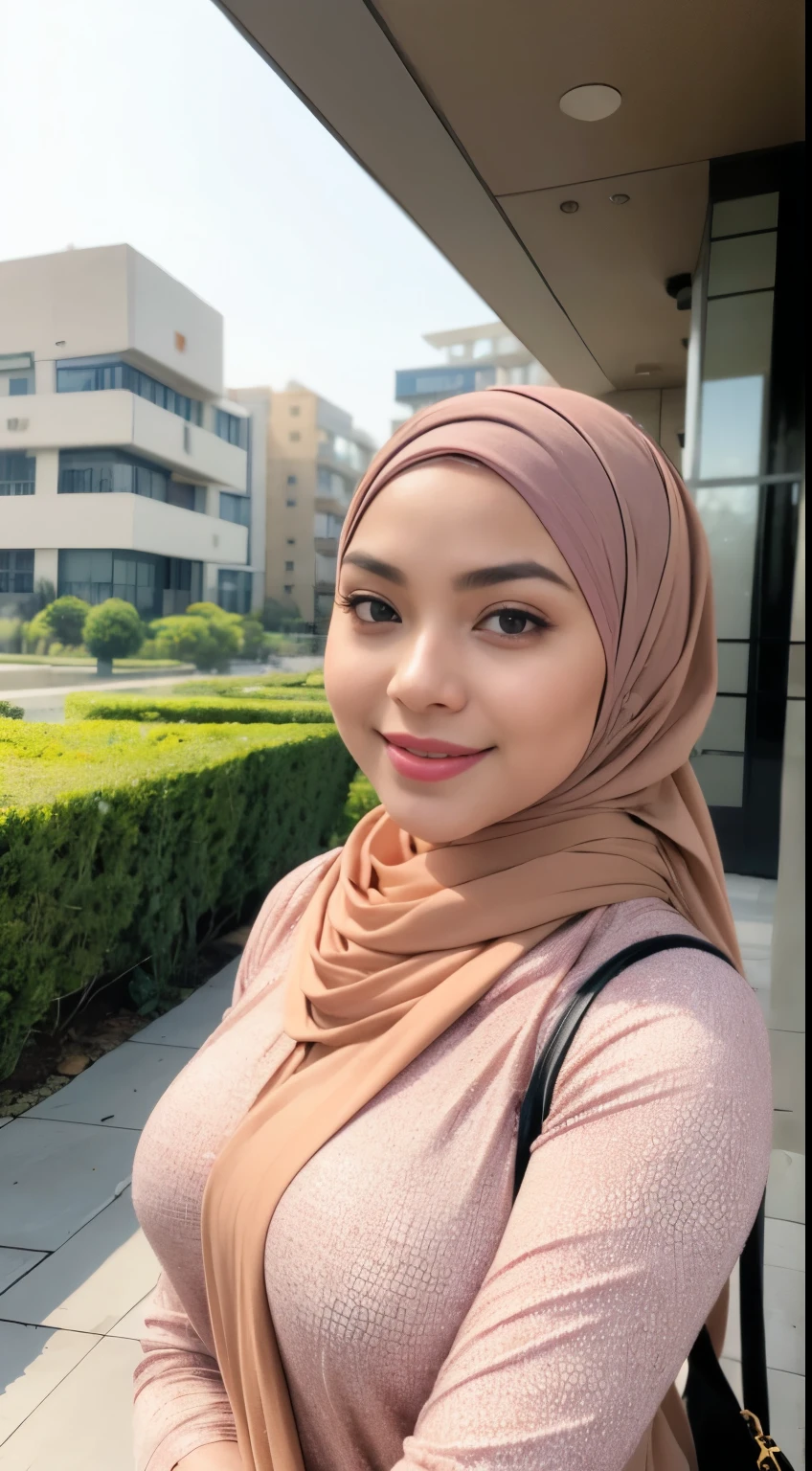 RAW, Best quality, high resolution, masterpiece: 1.3), beautiful Malay woman in hijab,Masterpiece, perfect fit body, ((Huge breast)), biggorgeous eyes, Soft smile,muslim woman in a plain long sleeve shirt and hijab posing for a picture, hijab, with lovely look, with beautiful colors, with accurate face, pose 4 of 1 6, traditional beauty, batik, wearing beautiful clothes, beutifull, with beautiful exotic, attractive pose, cute pose, scarf, wearing plain chiton, very attractive , she is smiling,Delicate turtleneck, necklace, shairband, afternoon walk, City garden, Excellent lighting, Bright colors, Clean lines