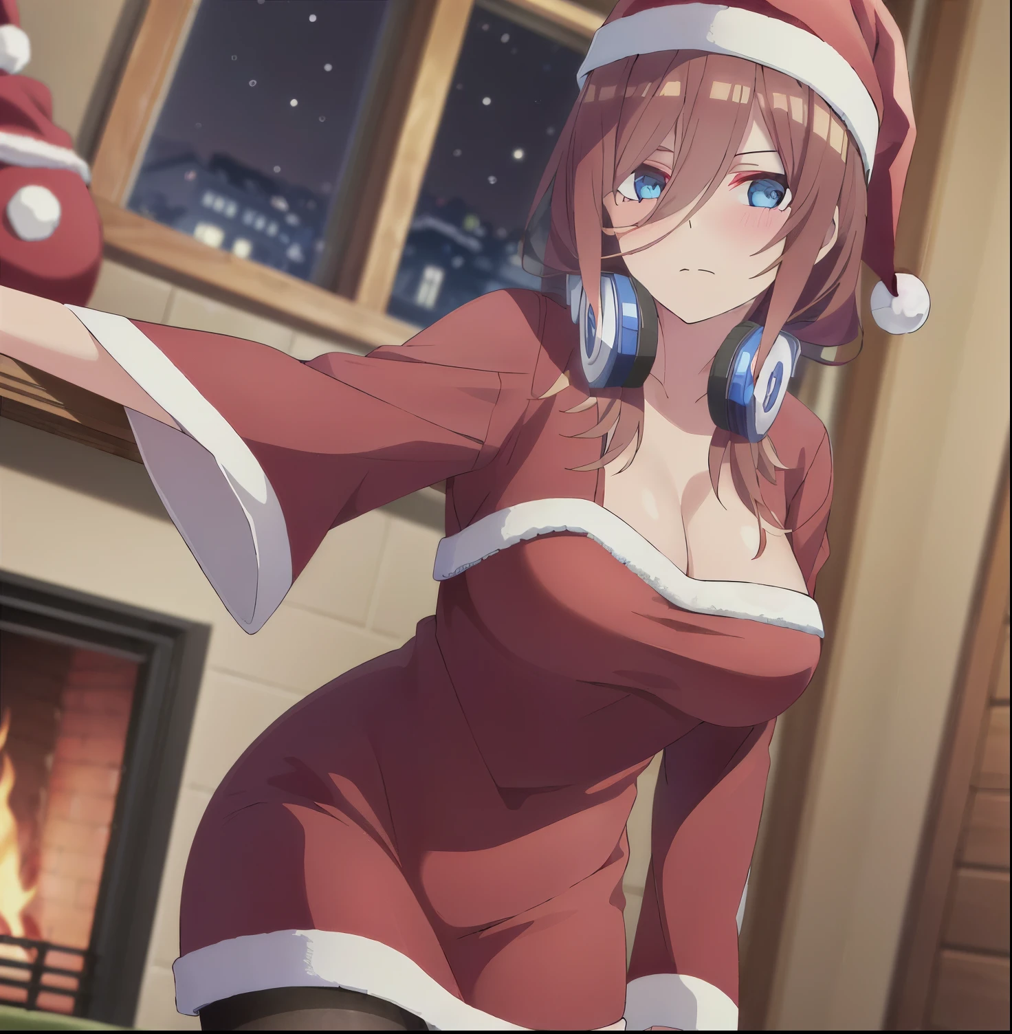 Masutepiece, Best quality, (highly detailed CG Unity 8k wallpaper) (Best quality), (best illustration), (Best shadows), 1girl, alone, Miku nakano, brown hair, blue eyes, beautiful detailed eyes , blue headphones around neck,Looking at viewer,((red Santa Claus suit with white details)),(cleavage),(red Santa Claus hat with white details),((black pantyhose)), in heat, , embarrassed, seductive, big breasts, medium waist, wide hips, wide thighs, POV (from below), room, room with fireplace, night, window with a view outside, standing,