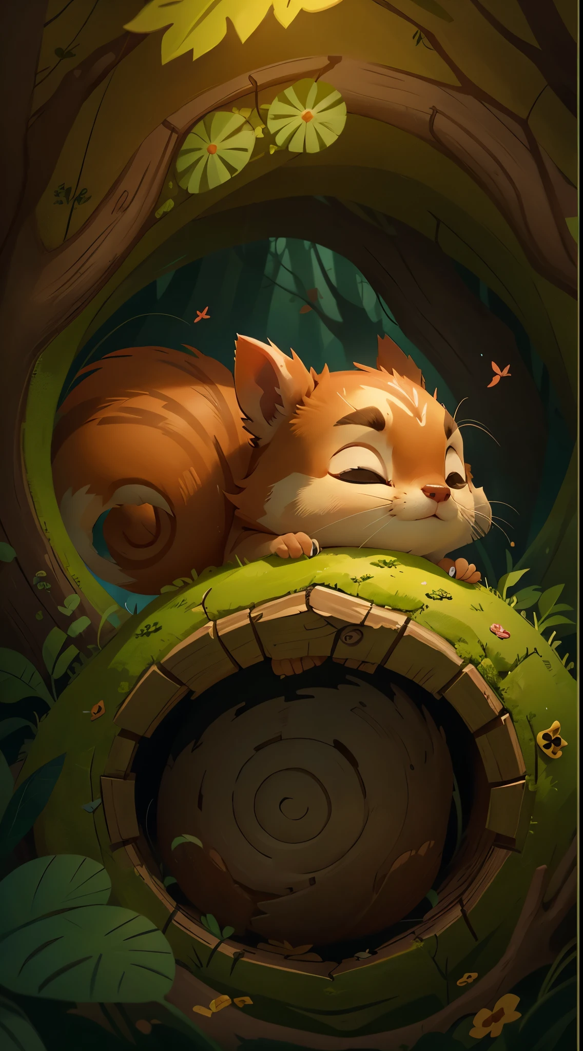 it's late at night，可爱的Little squirrel，Illustration of sleeping in a warm tree hole, She rolled up into a ball，Enter sweet dreams。goodnight，Little squirrel。close up, Pixar cinematic style, Best quality at best, cinematic Film still from, extremely cute,