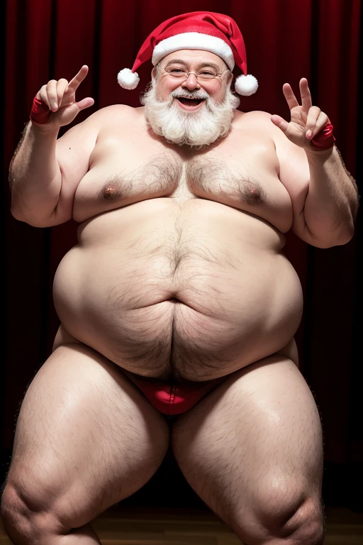 Arte realista detalhada de um santa Claus
 masculino gordo, belly large morbid plump elderly, , Obese Extremely thick thighs wearing only red swimming trunks red cap with hands Gesturing with hands holding testicle with hand,
Deitado na cama de coxas abertas e pernas dobradas , foco da imagem a virilha, he is feeling yours. Groin with your hand. He is perverted hot sensual Obcene. Laughing with tongue out.