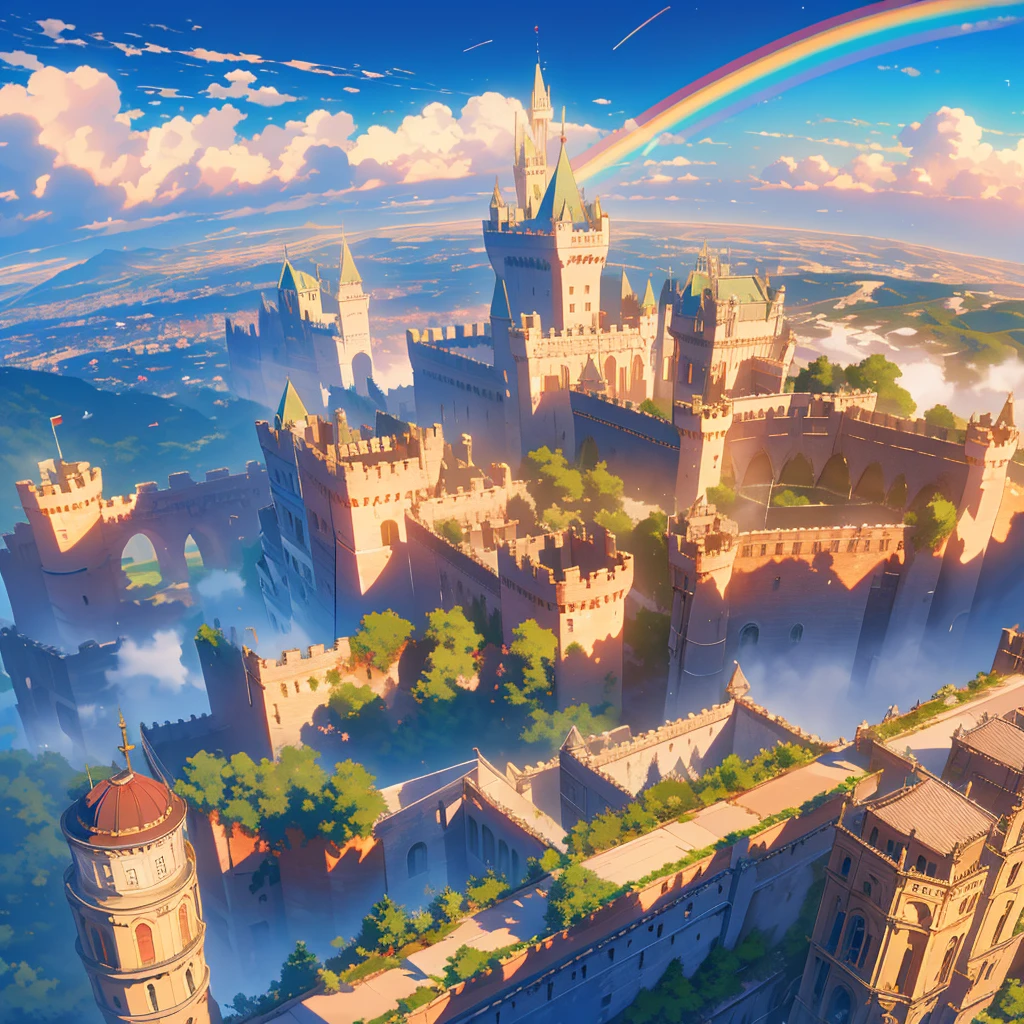 A maid girl walks through a desolate city from a distant past. Overhead, a rainbow stretches across the sky as rain gently falls. Surrounding numerous castles, elaborate gardens spread out, creating a stunning contrast with the bustling castle town, --niji 5