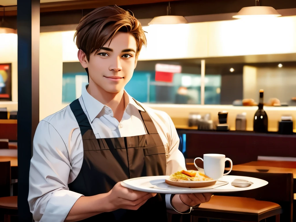 (top-quality:1.1), (​masterpiece:1.1), (Short hair:1.2), (macho:1.2), Brown hair, , A smile, (Open Cafe:1.1), (japanes:1.1), (年轻:1.2), Waiter's uniform, stand with a tray