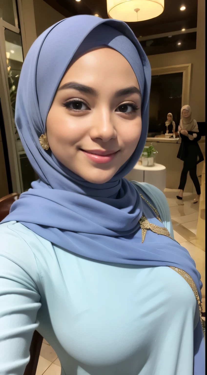 RAW, Best quality, high resolution, masterpiece: 1.3), beautiful Malay woman in hijab,Masterpiece, perfect fit body, ((Huge breast)), biggorgeous eyes, Soft smile,muslim woman in a plain long sleeve shirt and hijab posing for a picture, hijab, with lovely look, with beautiful colors, with accurate face, pose 4 of 1 6, traditional beauty, batik, wearing beautiful clothes, beutifull, with beautiful exotic, attractive pose, cute pose, scarf, wearing plain chiton, very attractive , she is smiling,Delicate turtleneck, necklace, shairband, afternoon walk, City garden, Excellent lighting, Bright colors, Clean lines
