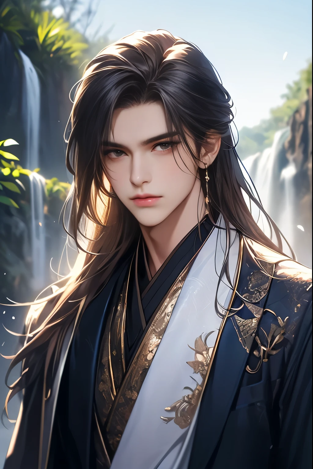 (Best quality at best,A high resolution,The image is clear:1.2),Ultra detailed backgrounds,Beautiful man standing holding sword,this it,wind blowing through,Chinese-style clothes,(Clothes are:1.5),Garden scene,under moonlight,waterfall man,Romantic atmosphere,Dutch Angle Shot,gentlesoftlighting,shelmet,portrait of upper body,