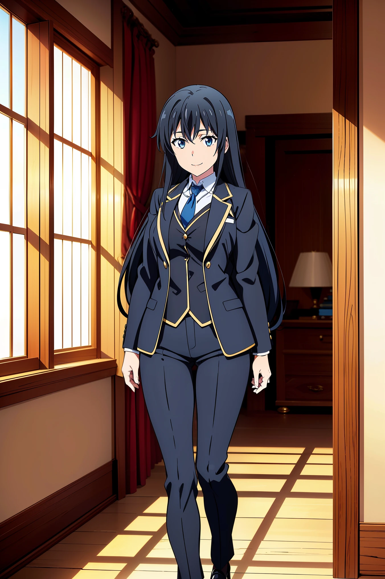 Yukinoshita yukino ,woman in formal attractive tailcoat standing in a large alcove in the room , 1girl, solo, blue necktie, black hair, blue eyes, long hair, smile , collared shirt, white pants, white shirt , tailored tailcoat elegant , standing in front of a window ,tailcoat tailored to perfection. Featuring striking Victorian theme and crafted from the lustrous fabric