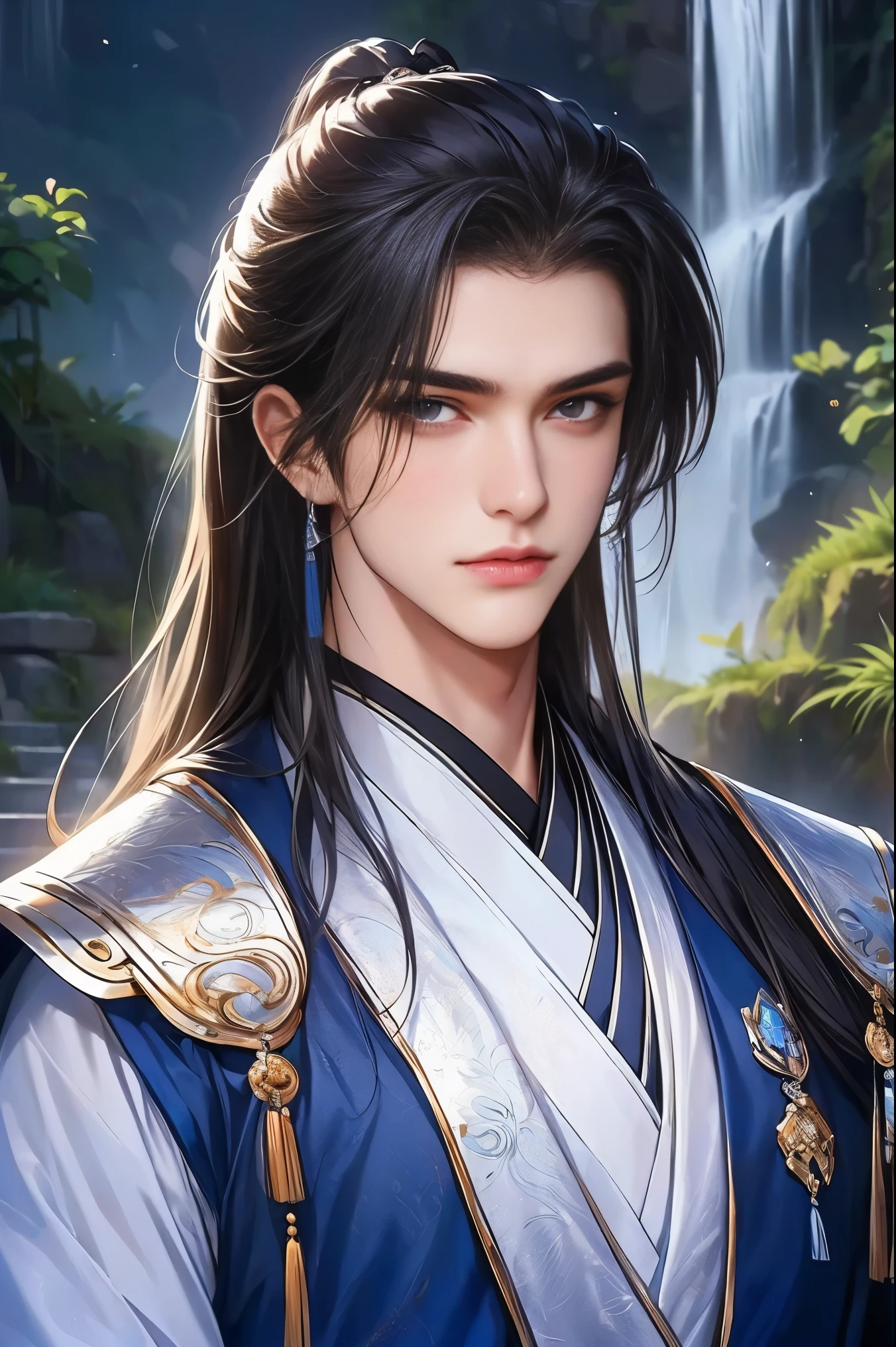(Best quality,A high resolution,The image is clear:1.2),Ultra detailed backgrounds,Beautiful man standing holding sword,this it,wind blowing through,Chinese style clothes,(Clothes are:1.5),Garden scene,under moonlight,waterfall man,Romantic atmosphere,Dutch Angle Shot,gentlesoftlighting,shelmet,portrait of upper body,