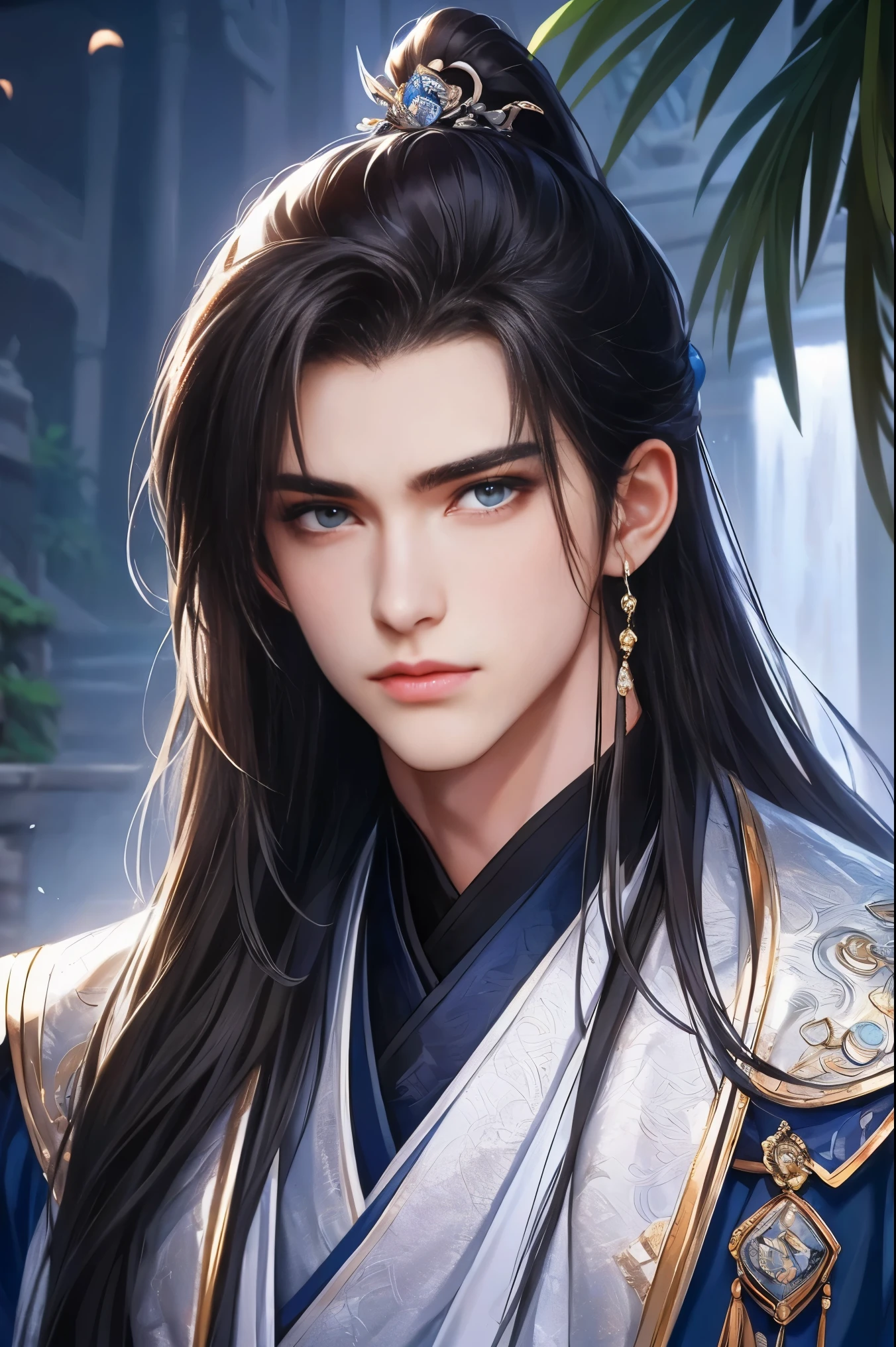 (Best quality,A high resolution,The image is clear:1.2),Ultra detailed backgrounds,Beautiful man standing holding sword，this it，wind blowing through，Chinese style clothes,（Clothes are：1.5），Garden scene,under moonlight,waterfall man，Romantic atmosphere,Dutch Angle Shot,gentlesoftlighting,shelmet，portrait of upper body，