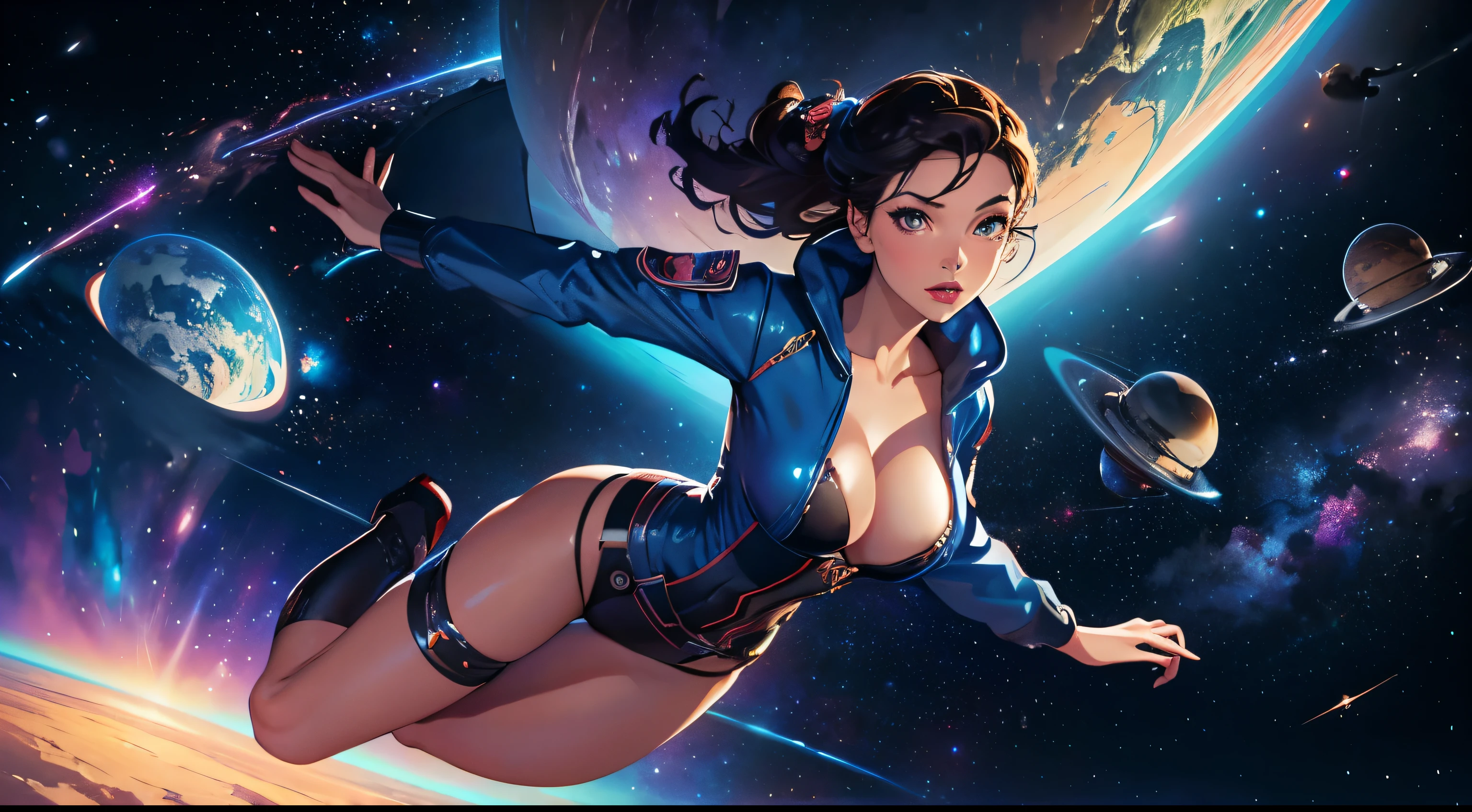 masterpiece, highest quality, (very detailed), (1woman), pinup model, sexy, revealing clothing, floating in space, 1planet, stars, (vivid colors), nebula, space dust, sci fi, space