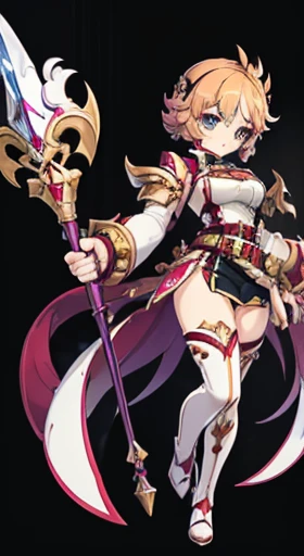 (((Best Quality))) , ((full body)), female, reference sheet, solo, (white background), holding staff, gauntlets, thigh high, femloin, belt, blue, red, green, violet, pink, white,