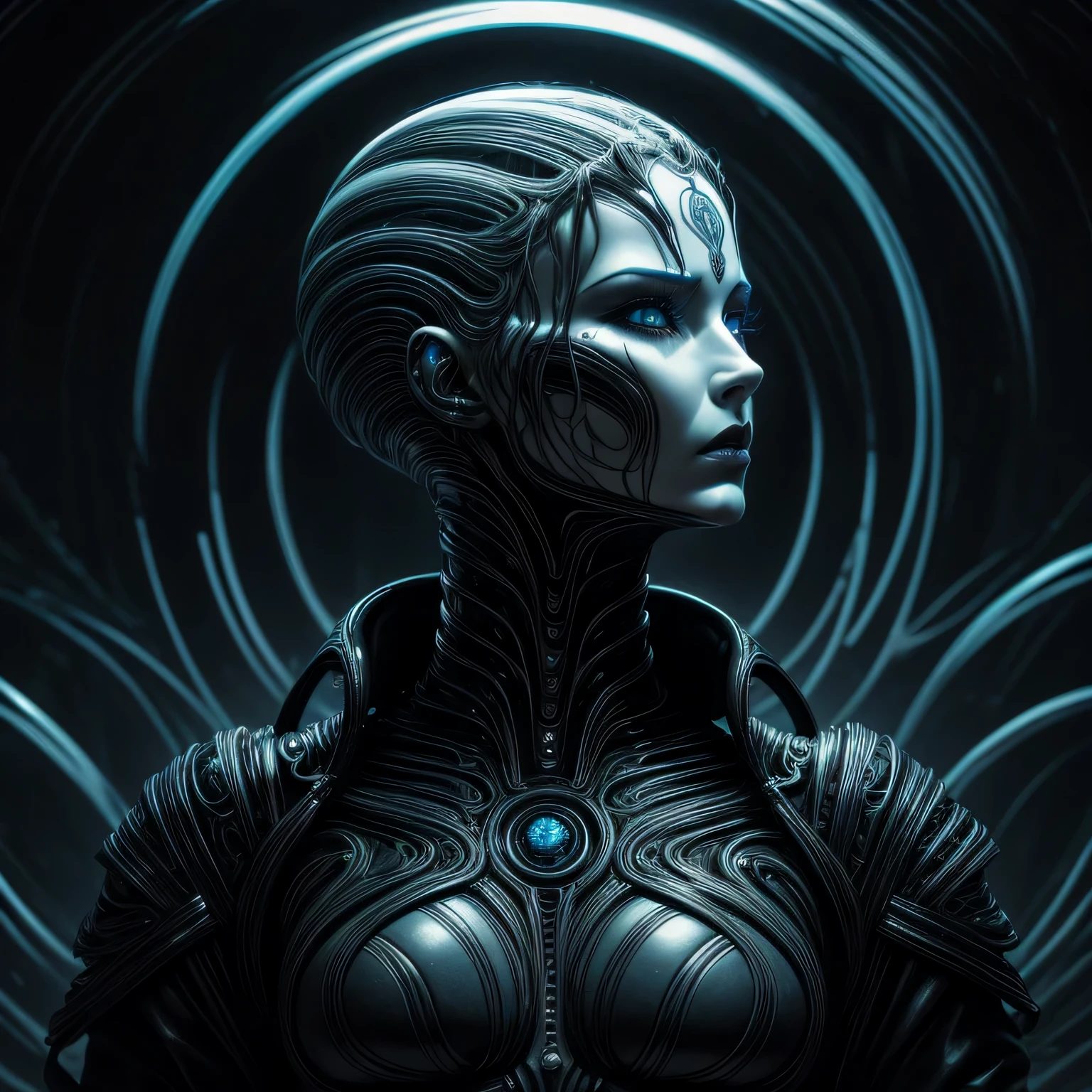 __hr_giger_art___flowing_contours biomechaical__airbrush___strange__eerie__fashion_magazine_cover__art_deco_border___porcelain_and_platinum / A futuristic looking woman with porcelain skin / dark mood lighting. TRON
