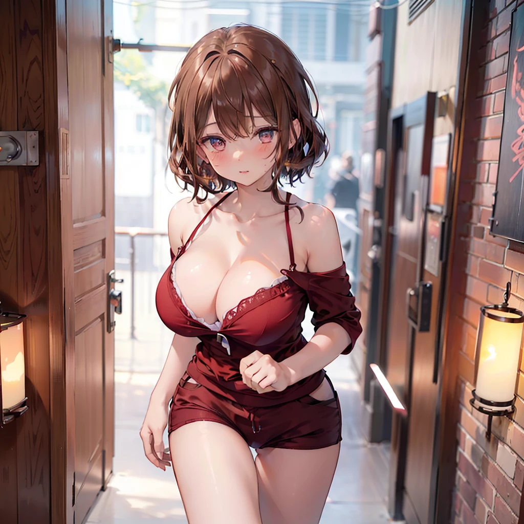 (masutepiece, Best Quality: 1.3), (max resolution: 1.2), (Ultra HDTV: 1.2), cinematric light, 8K resolution, Detailed eyes and skin, detailed facial features, Perfect limbs、Perfect fingers、Anatomically accurate body, Fingers in natural shape, Realistic texture, (Sharp Focus: 1.2), (The focus is on the upper body:1.2), Perfect Style, (Beautiful face, kawaii eyes, Clear eyes、realisticeyes), acurate, Anatomically correct, Highly detailed face and skin texture, Detailed eyes, Double eyelids, Thin eyebrows, Glitter Eyeliner: 1 Natural cheeks, Glossy skin, Fair skin: 1.2, (Glossy lips: 1.4), (Shy look: 1.2), (#Slim waist), Full body like, (red blush, embarrassed from:1.1), (shiny lips: 1.1), (large full breasts:1.5), red blush、embarrassed from, Dressing, Neat and clean woman, ((20yr old)), person flowing diagonally, Brown hair, Curly hair、Lustrous hair)、(Gym clothes with red trim, dark blue shorts), schools, (run, running:1.5), perspiring,