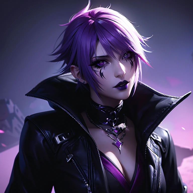 Final fantasy female that has purple hair shaved to the side, black lipstick and eyeliner, pericings and tattoos