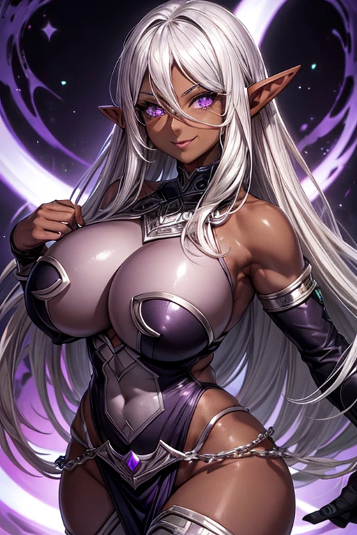 ((Elf Woman)), ((((Dark Skin)))), (((silver hair))), ((Purple Eyes)), ((bulky body)), (((Big breasts))), (Smile)