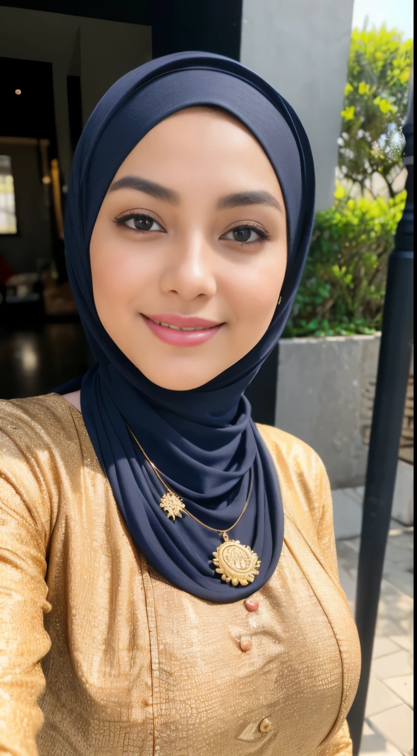 RAW, Best quality, high resolution, masterpiece: 1.3), beautiful Malay woman in hijab,Masterpiece, perfect fit body, ((Huge breast)), errcted nipple, biggorgeous eyes, Soft smile,muslim woman in a plain long sleeve shirt and hijab posing for a picture, hijab, with lovely look, with beautiful colors, with accurate face, pose 4 of 1 6, traditional beauty, batik, wearing beautiful clothes, beutifull, with beautiful exotic, attractive pose, cute pose, scarf, wearing plain chiton, very attractive , she is smiling,Delicate turtleneck, necklace, shairband, afternoon walk, City garden, Excellent lighting, Bright colors, Clean lines