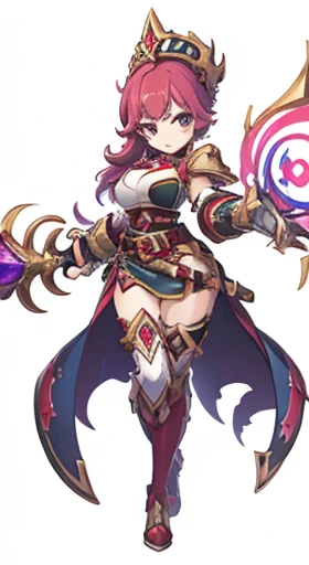 (((Best Quality))) , ((full body)), female, reference sheet, solo, (white background), holding staff, gauntlets, thigh high, femloin, belt, blue, red, green, violet, pink, white,