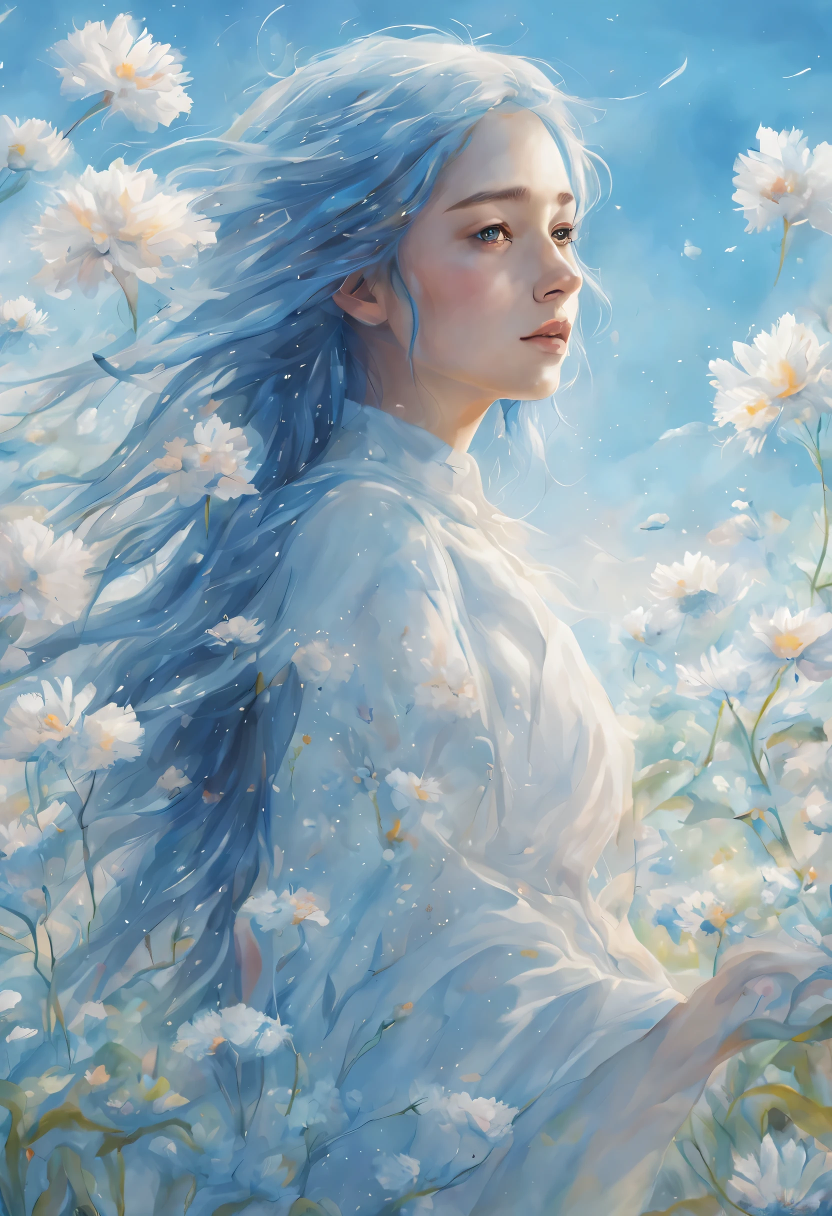 (Ridiculous resources, A high resolution, ultra - detailed, hyper HD, Cinematic), Alone, 1 girl, mature, Happy, girl standing in light blues flower field, light blues flower petal surrounding girl, Full body lesbian, Blue long-haired girl, light blues hair, Fantastical, like a dream, Snowy Land, offcial art, trending art, contours, ultra - detailed face, ultra - detailed eyes, light blues flower field, ultra - detailed field, The white blue sky, Cold, light blues, The white,  Nebula in the sky, blue tree, aquarelle, pastel colour
