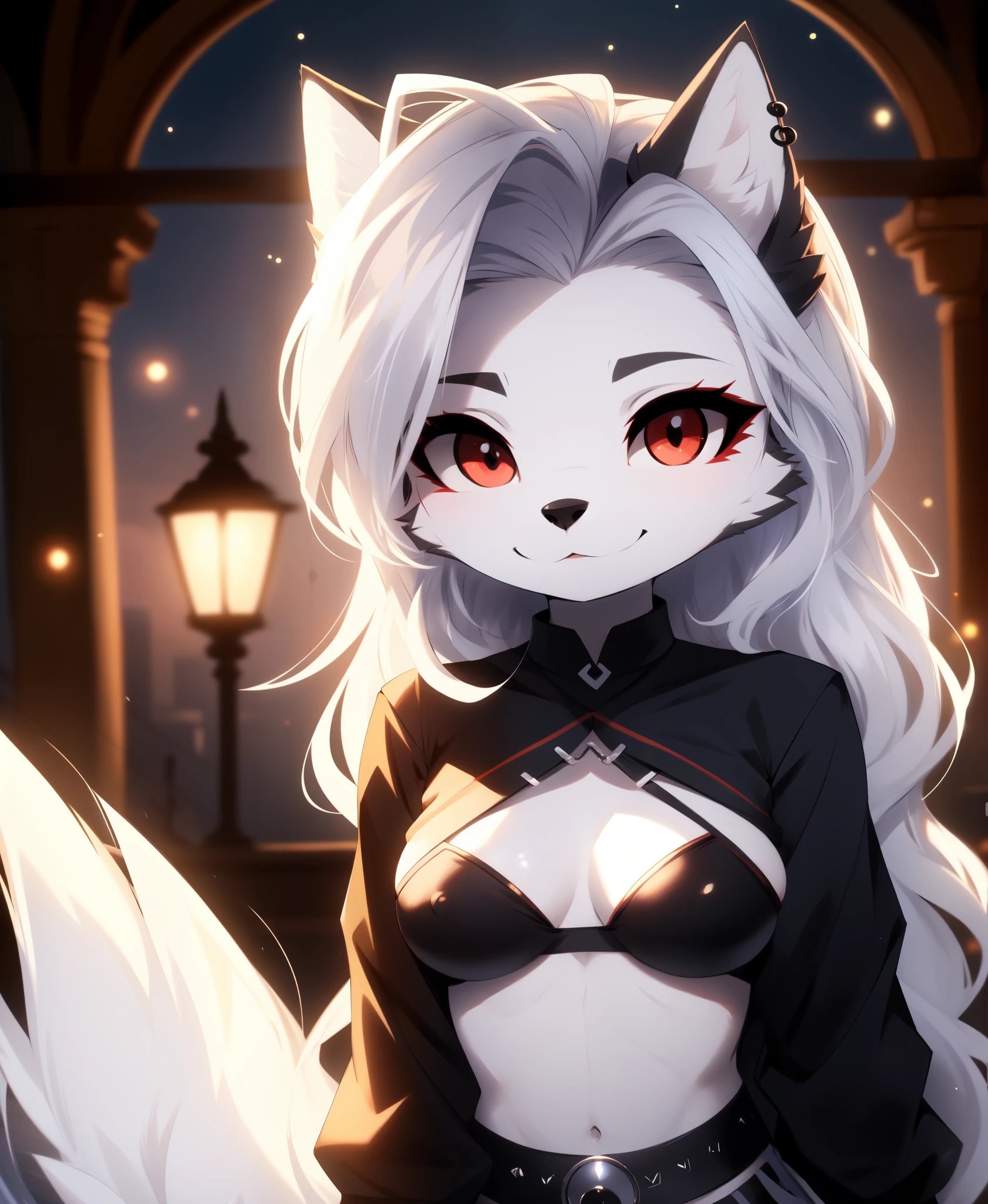 magnaluna, 1girl, anthro, loona, hellhound, red sclera, silver iris, grey fur, white belly,