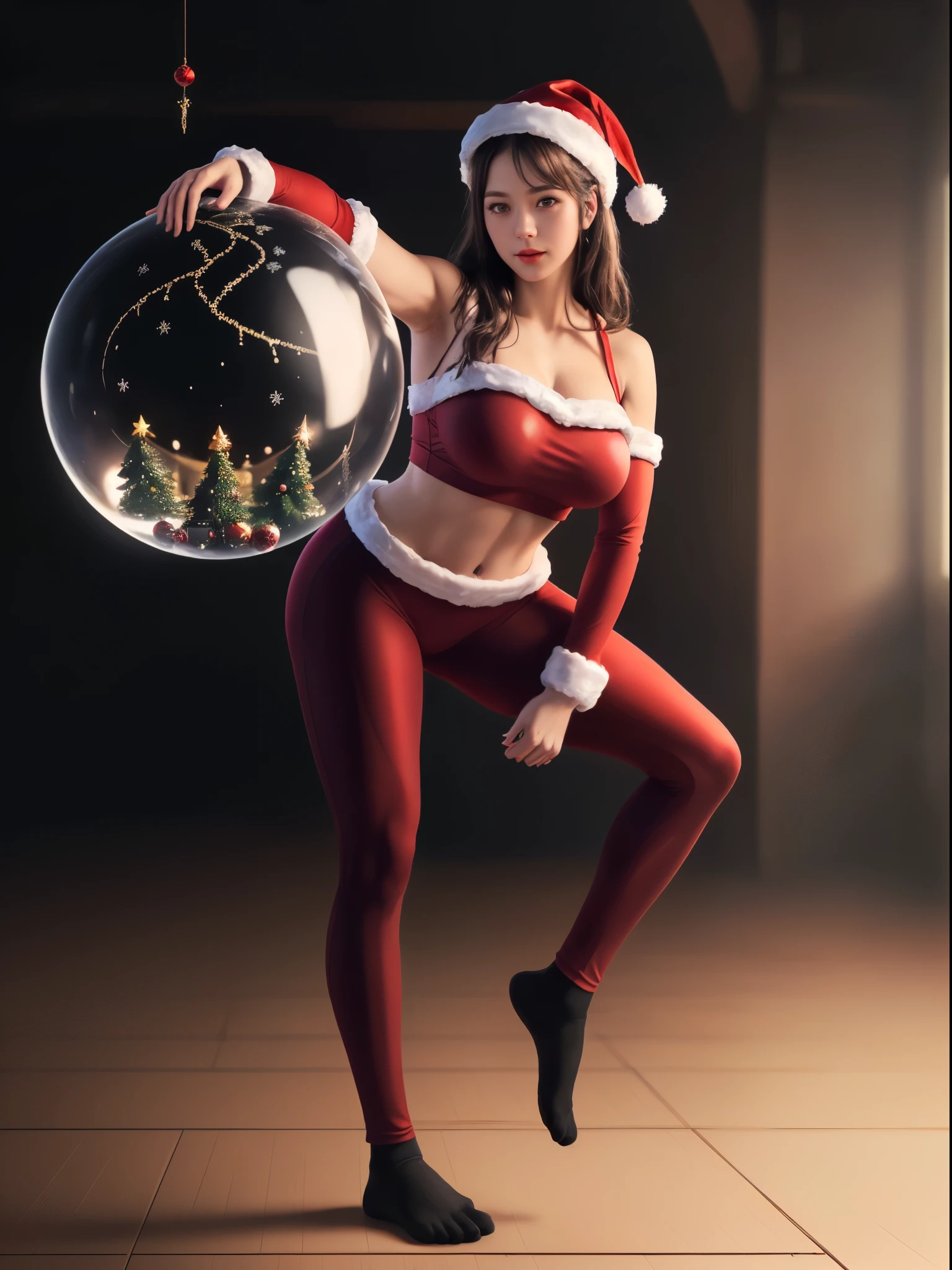 Huge breasts, Fantasy photorealistic art of a cute girl in a festive costume standing on the floor tries to hang a beautiful glass sphere on a branch of a Christmas tree, Christmas attributes, cinematic shot, soft light, amber light, magic atmosphere , flying particles, Christmas soks,thm style, jisoobp1, best quality, masterpiece, super high resolution, detailed background, realism, Illustrations, single, 1 girl, street, (muscle:0.6), volumetric lighting, depth of field, fitness trainer