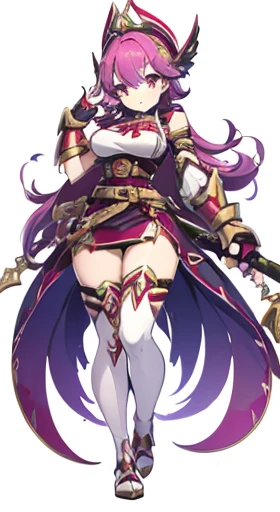 (((Best Quality))) , ((full body)), female, reference sheet, solo, (white background), holding staff, gauntlets, thigh high, femloin, belt, blue, red, green, violet, pink, white,