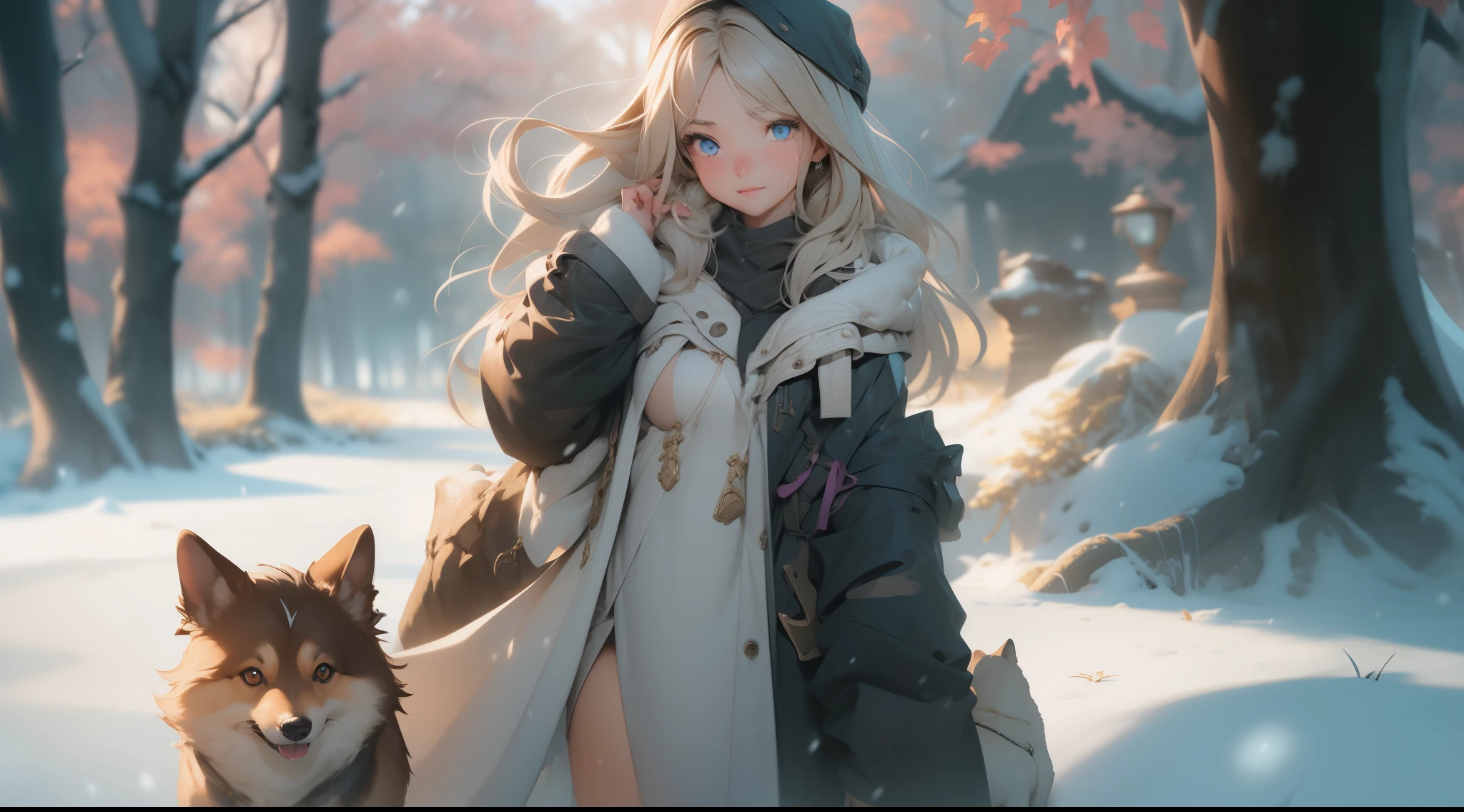 full body portrait of a photo realistic beautiful girl, 1 girl, facing forward, waifu, flowing hair, short modern winter clothing, big beautiful flirtateous open eyes, standing straight, cinematic lighting, winter snow holiday setting, highly detailed, digital painting, trending on artstation, pixiv, concept art, sharp focus, illustration, art by ross tran and wlop, Glowing eyes, Best quality, good lighting, large breasts with cleavage, seductive face, Masterpiece, highres,sharp focus,(ultra detailed,extremely detailed),(photorealistic artwork:1.37),(extremely detailed CG unity 8k wallpaper),(((vibrant colors,vibrant theme))),(intricate),(masterpiece),(best quality), girl is playing with a cute small dog